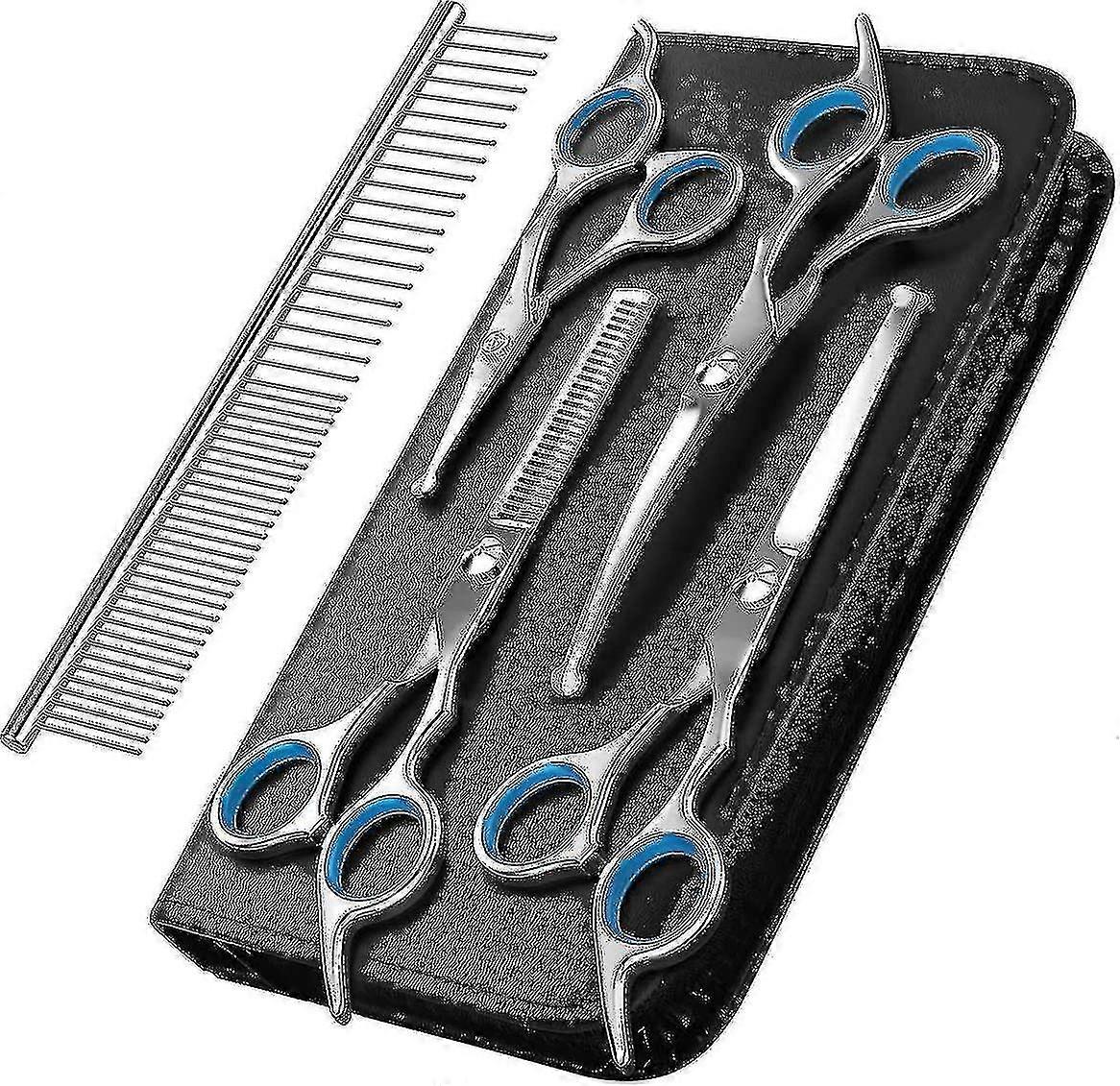 Dog Grooming Scissors Set, 5 Pcs Professional Pet Grooming Scissors Combing Grooming Scissors With Round Safety Tips For Pets Dogs Cat Thinning Scisso
