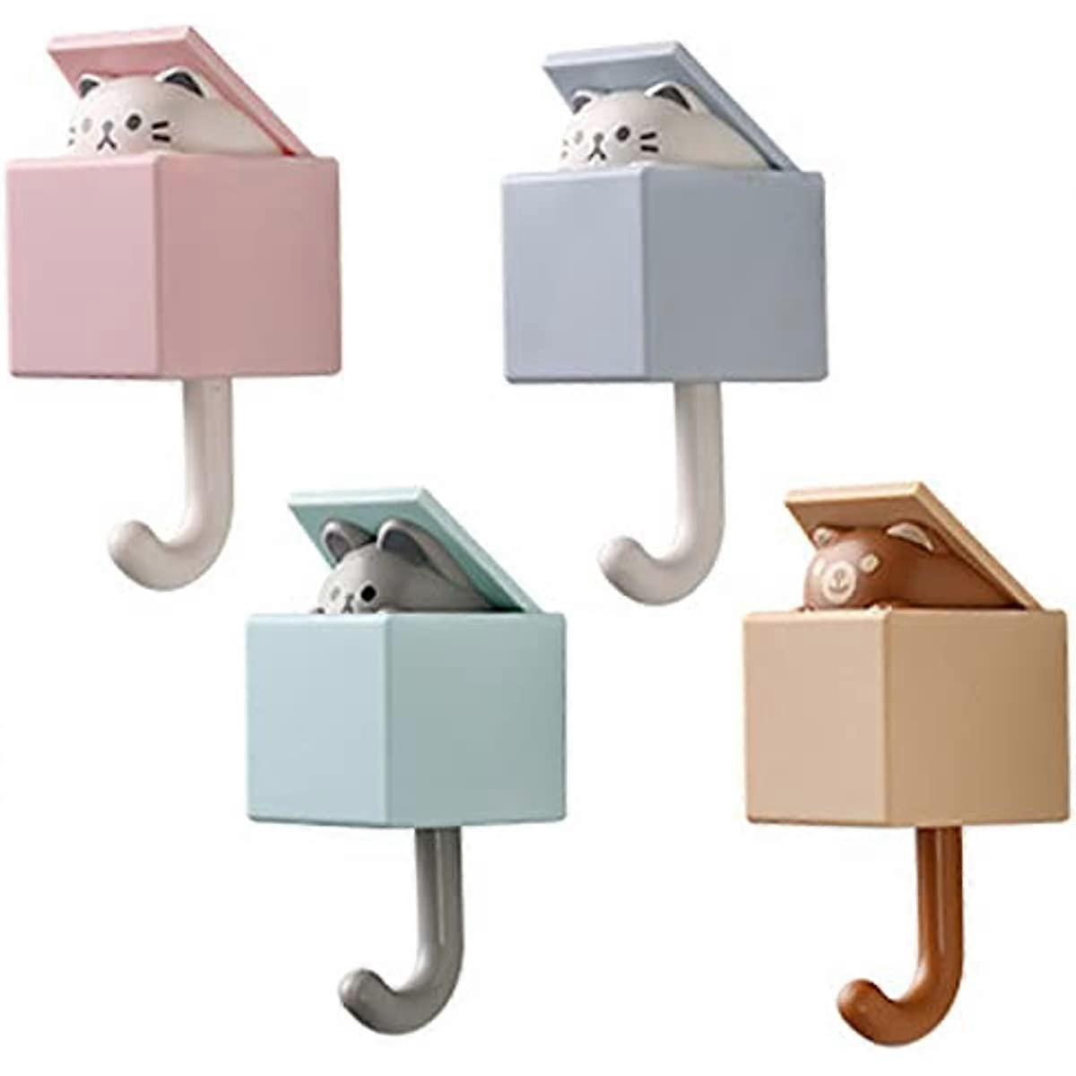 4 Pcs Cute Pet Hooks Pop Up Cat Wall Hooks Creative Self Adhesive Coat Hook Without Drilling Cat Key Hanger for Coat Hat Towel Bag