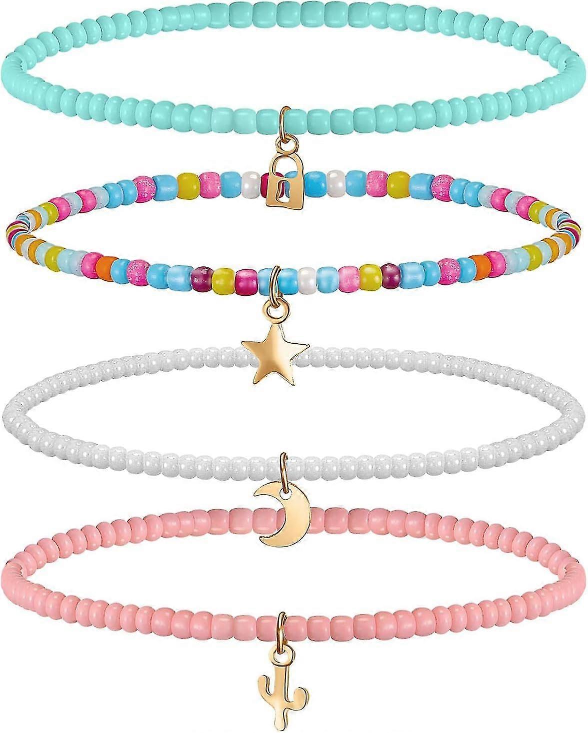 Boho Layered Anklet,4 Pieces Elastic Colorful Bead Bracelet