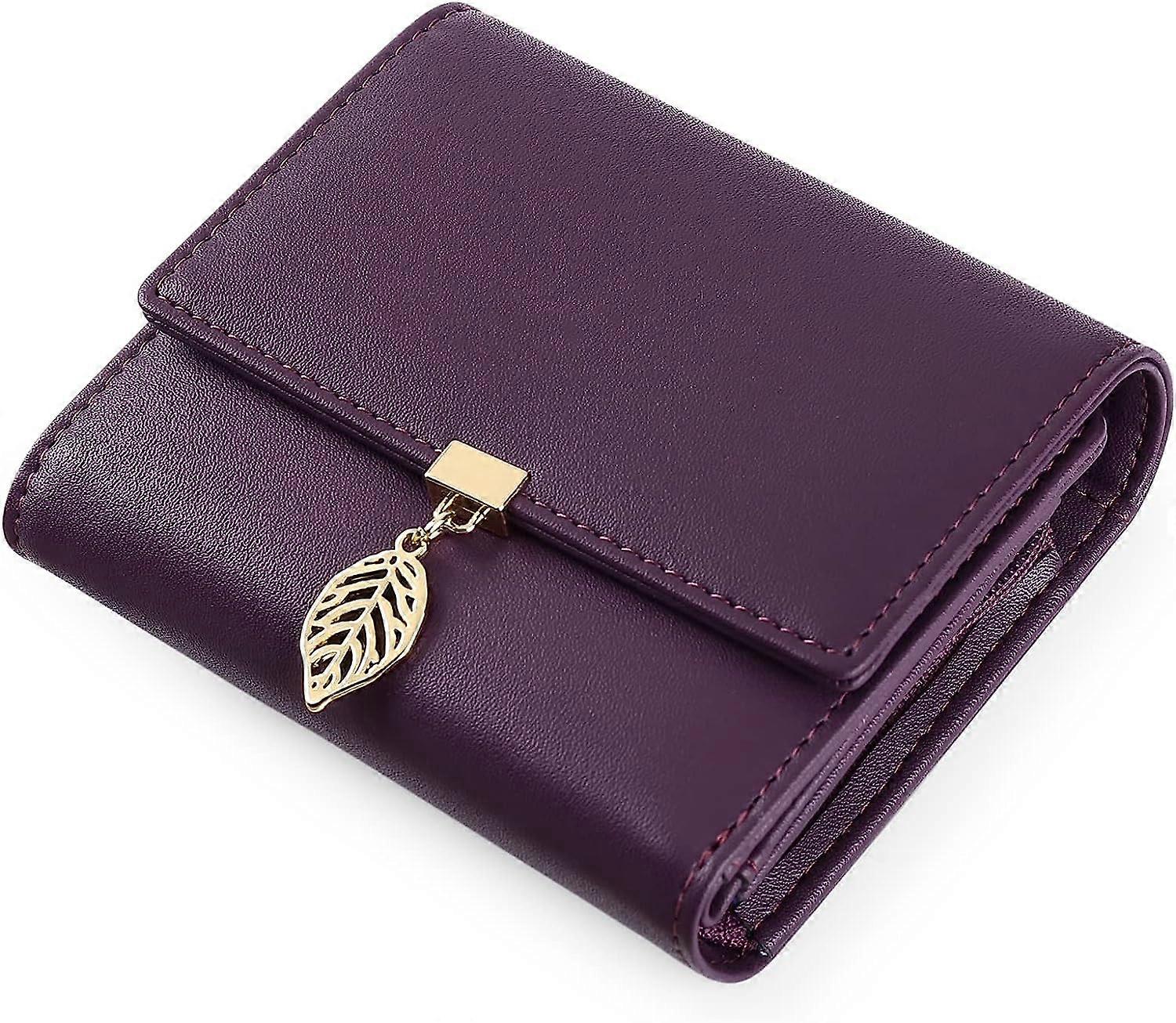 Dark Purple Women's Purse Delicate Leaf Wallet PU Leather Zipper Coin Wallet with 6 Credit Card Slots
