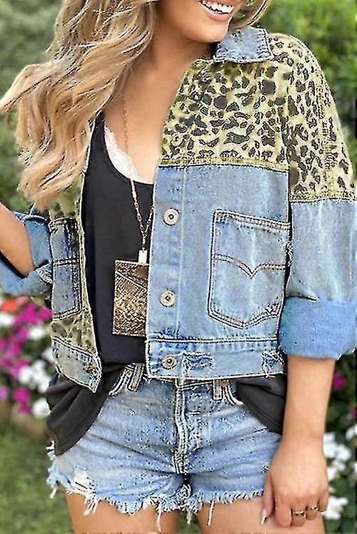 Leopard Splicing denim decupat jacheta cu buzunar
