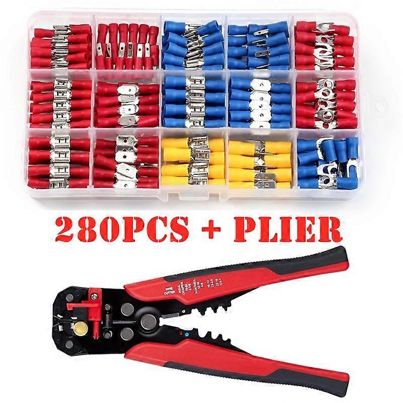 280PCS Assorted Spade Terminals Insulated Electrical Wire Crimp Connector Butt Ring Fork Set Ring Lugs + Wire Stripper