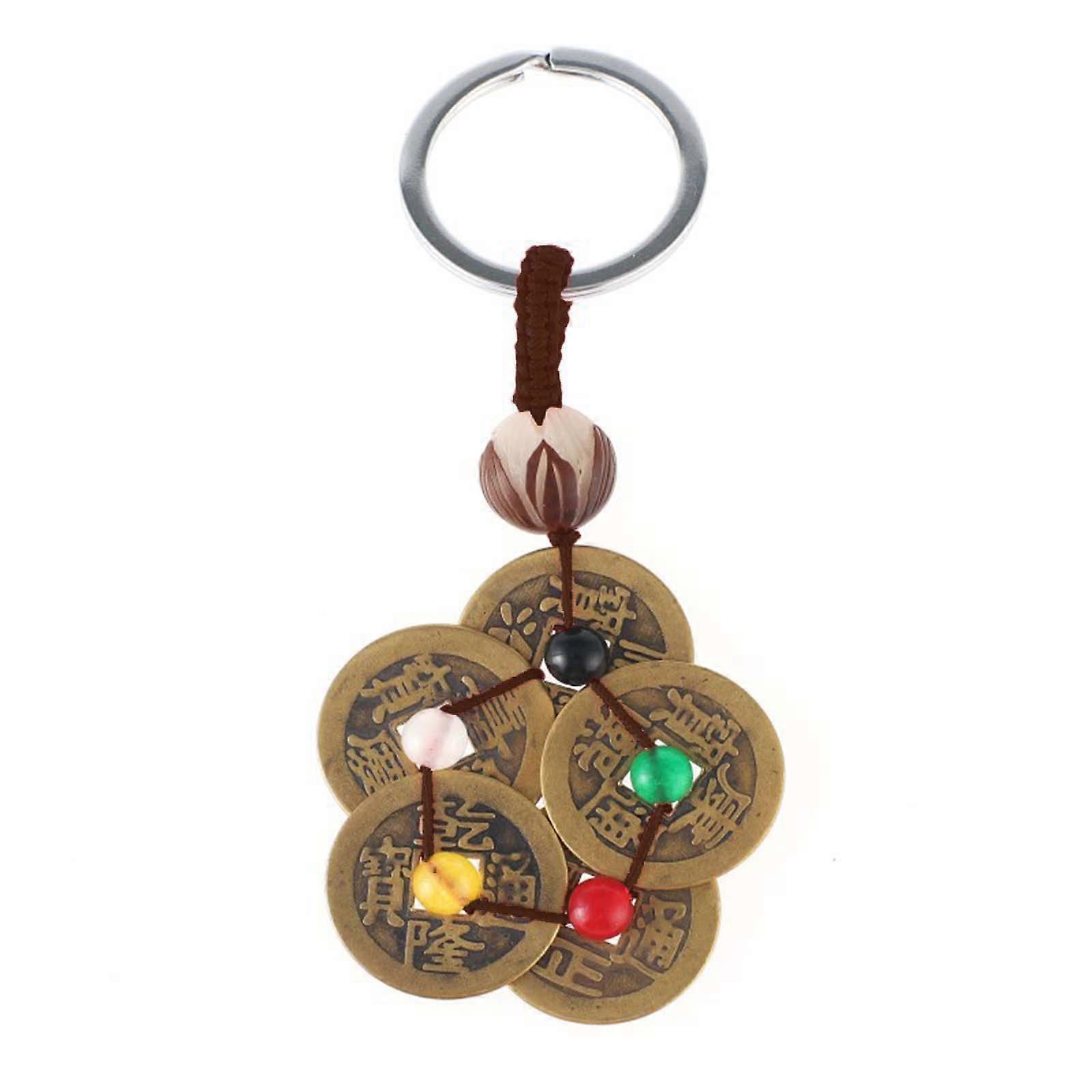 Lotus 5 Color Bead Coin Key Chain for Good Luck Charms Wealth Success Ornament