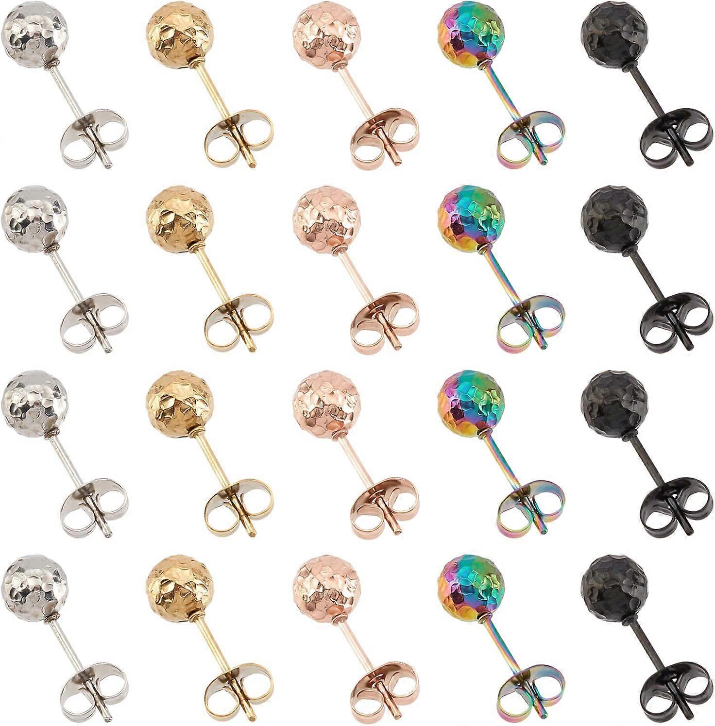 20pcs 5 Colors Textured Round Bead Stud Earring Ball Post Earring Studs Stainless Steel Earrings with Ear Nuts for Jewelry Earring Making 17x6mm DIY