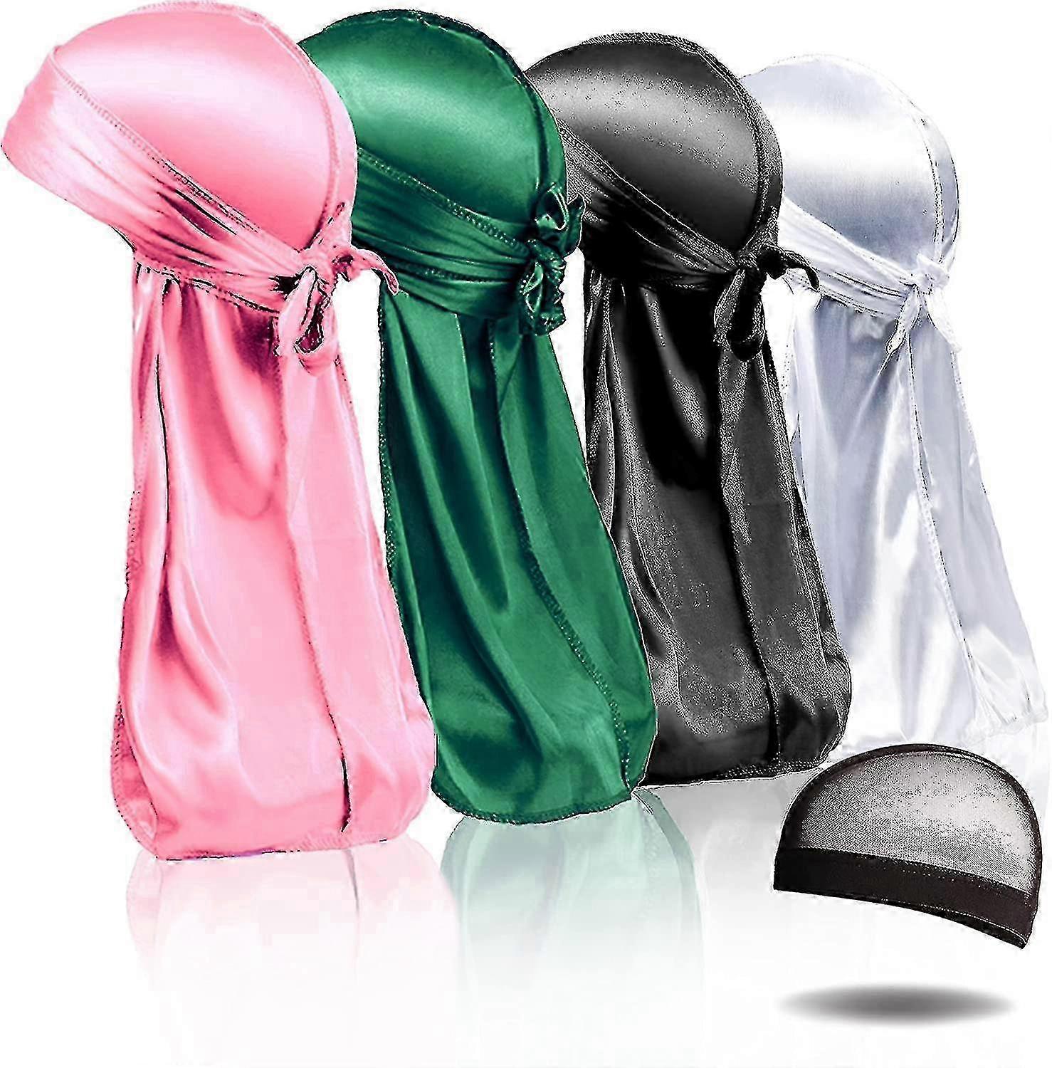 4 قطع Durags حريري ، حرير Durag للرجال والنساء ، حزمة Durag الحريرية مع 1 غطاء موجة ، ذيول طويلة جدا من الساتان الحريري - JA
