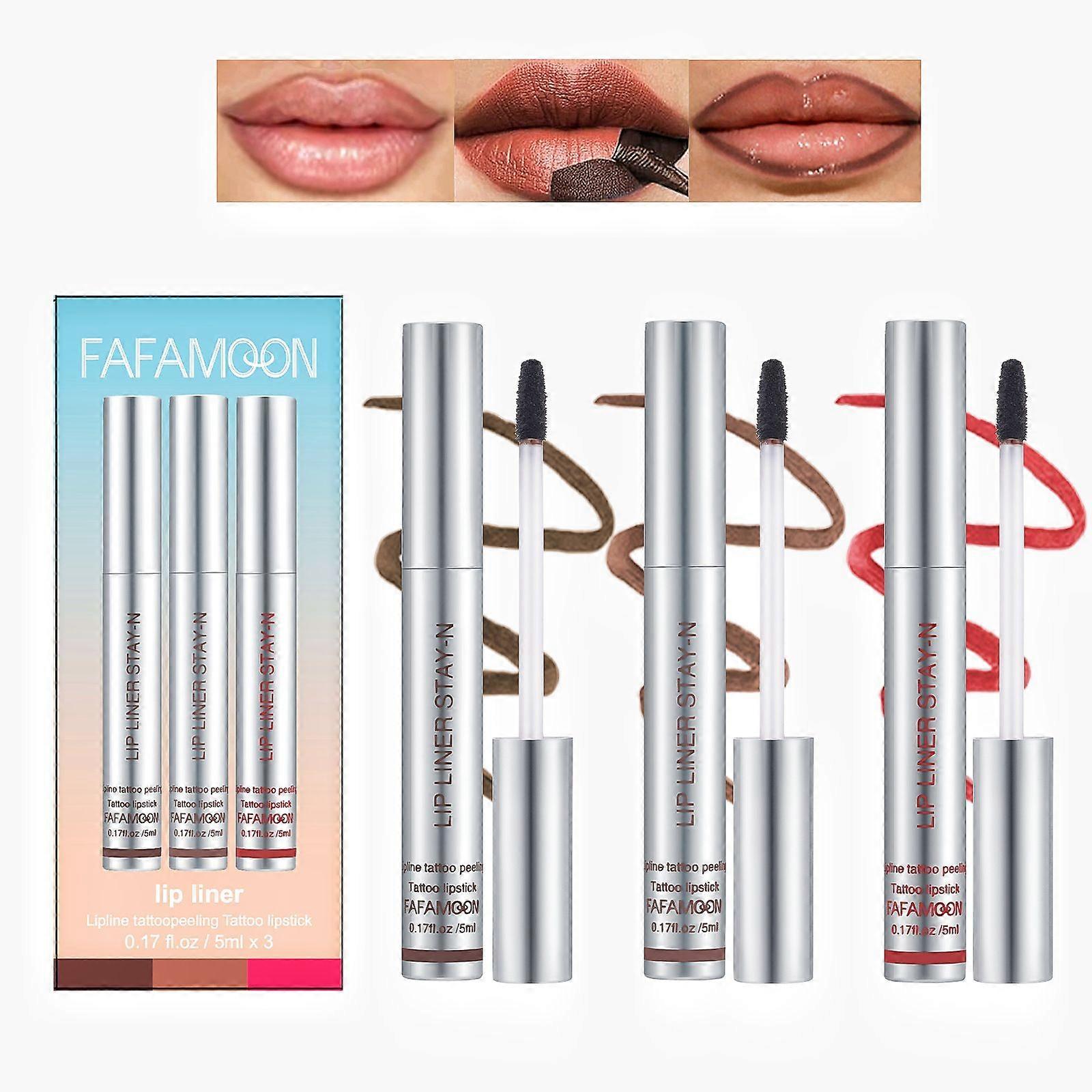 Conjunto de delineador de lábios 3PCS, tatuagem de delineador de lábios descascável, mancha labial à prova d'água de longa duração, brilho labial com acabamento fosco à prova de transferência