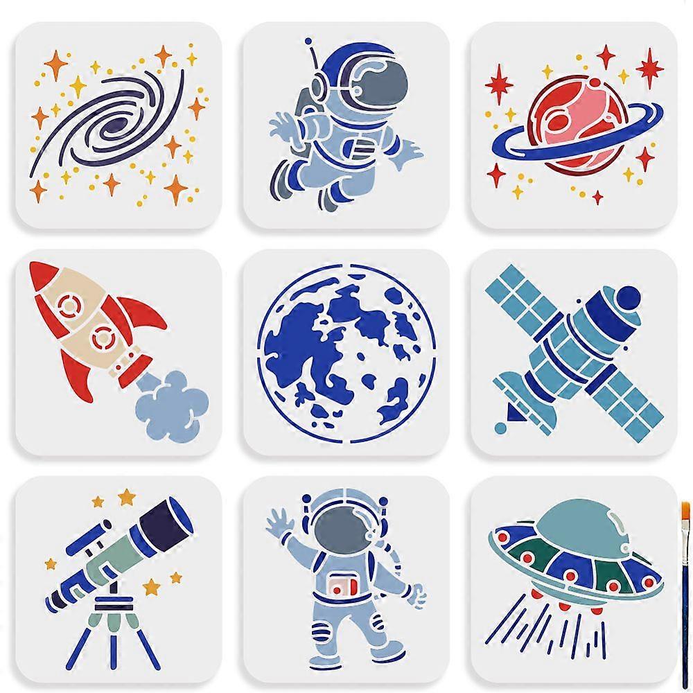 1 Set Space Theme PET Hollow Out Drawing Painting Stencils for DIY Scrapbook Photo Album with 1Pc Art Paint Brushes Planet 150x150mm 9pcs/set