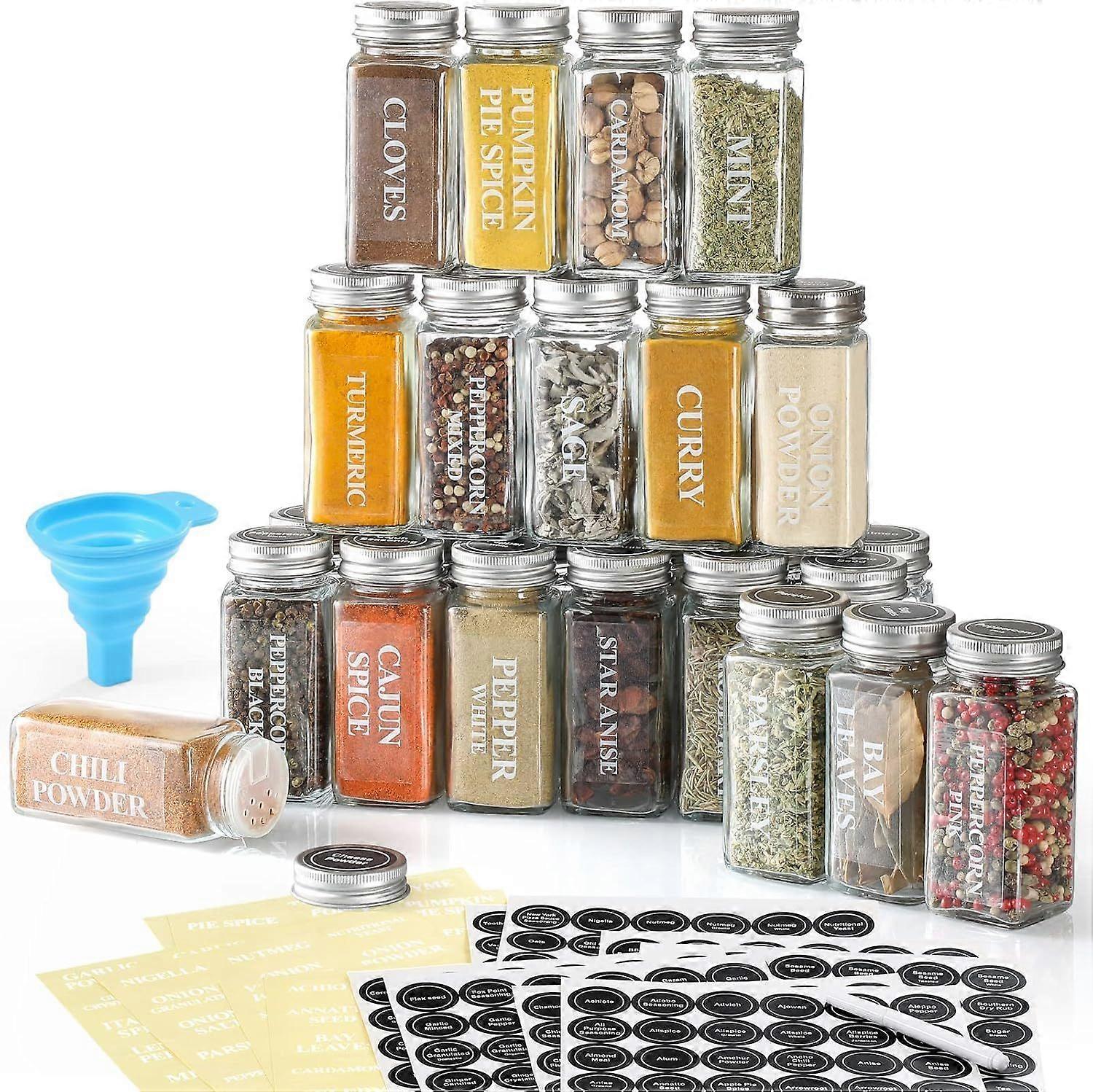 24 Pcs Glass Spice Jars with Labels-4oz Empty Square Spice Bottles Containers-Shaker Lids and Airtight Metal Caps-Silicone Funnel Included