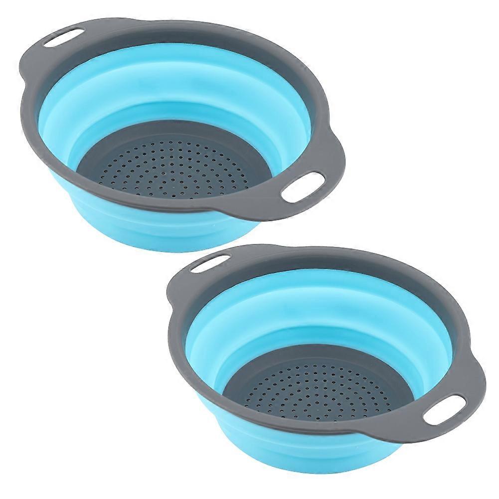 2pcs/ Set Round Silicone Durable Foldable Draining Basket Kitchen Tool(Blue)