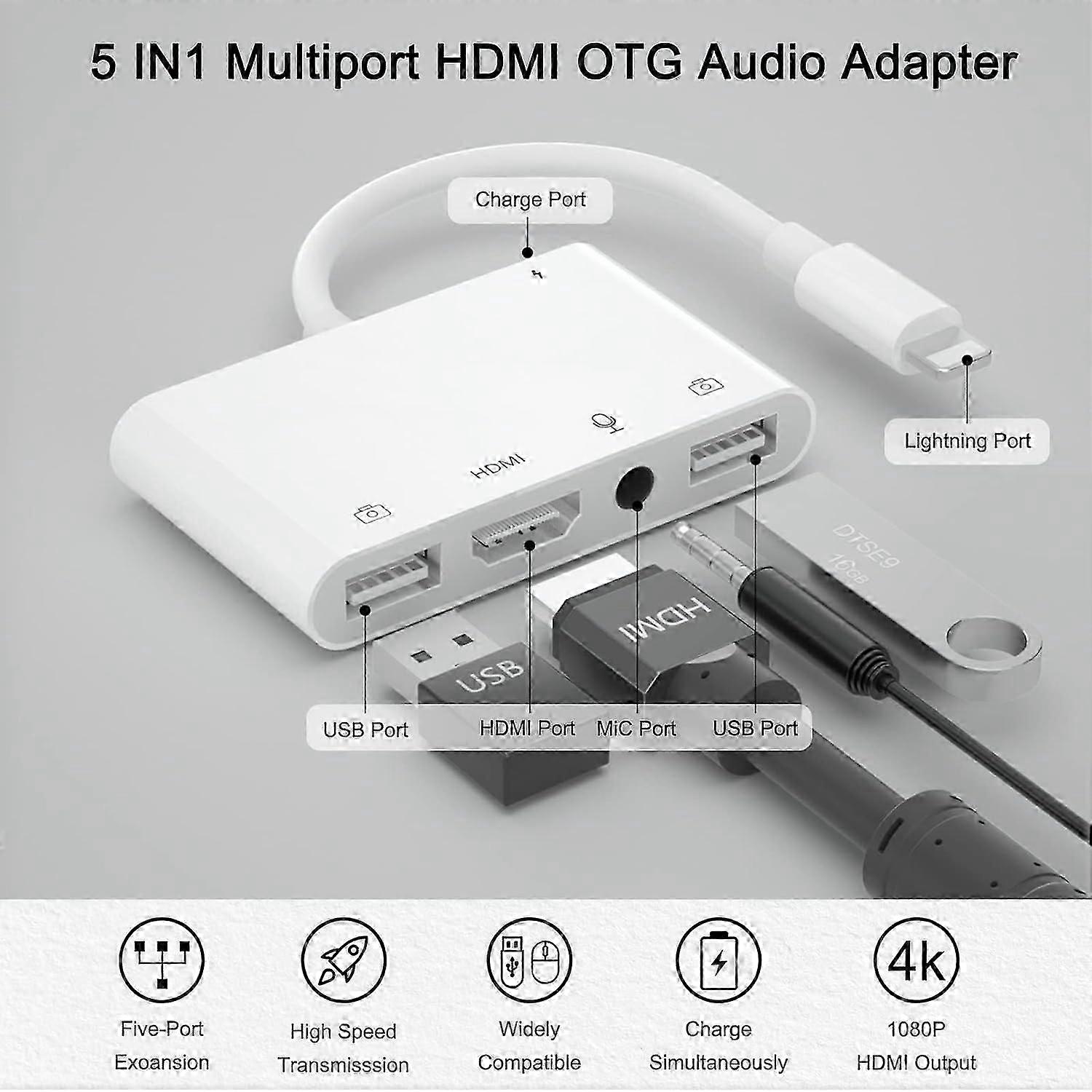 iPhone Microphone Adapter for Live-Streaming, HDMI Adapter for iPhone to TV, Dual USB Female OTG Adapter with Charging Port Compatible with iPhone / i