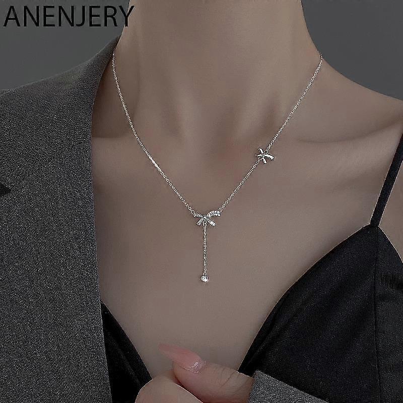 ANENJERY Silver Color Copper Zircon Bow Knot Tassel Necklace Sweet New High-end Accessories Clavicle Chain