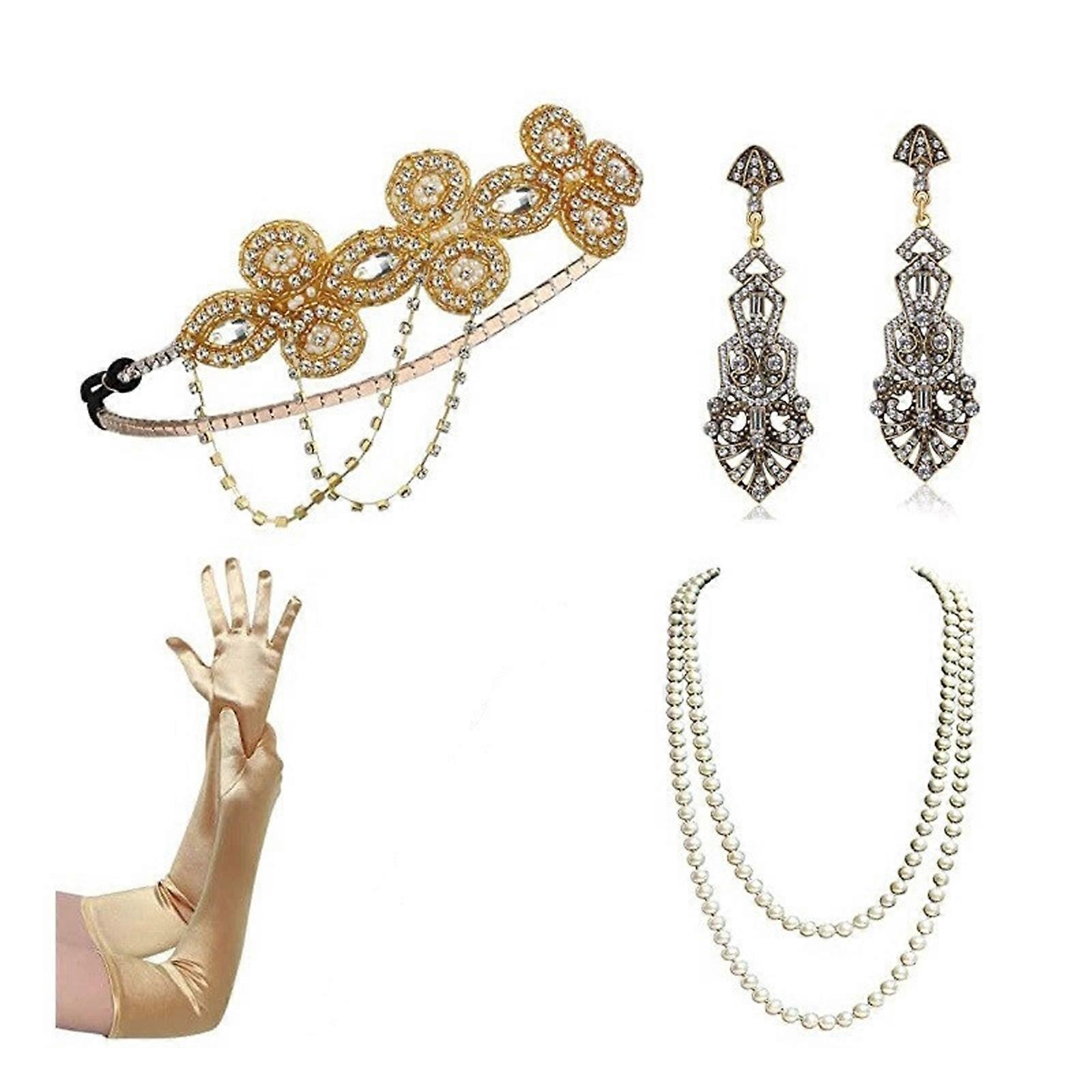 1920s Flapper Accessories Gatsby Costume Accessory Set 20s Flapper Headband Pearls Necklace Earrings Gloves for Womens