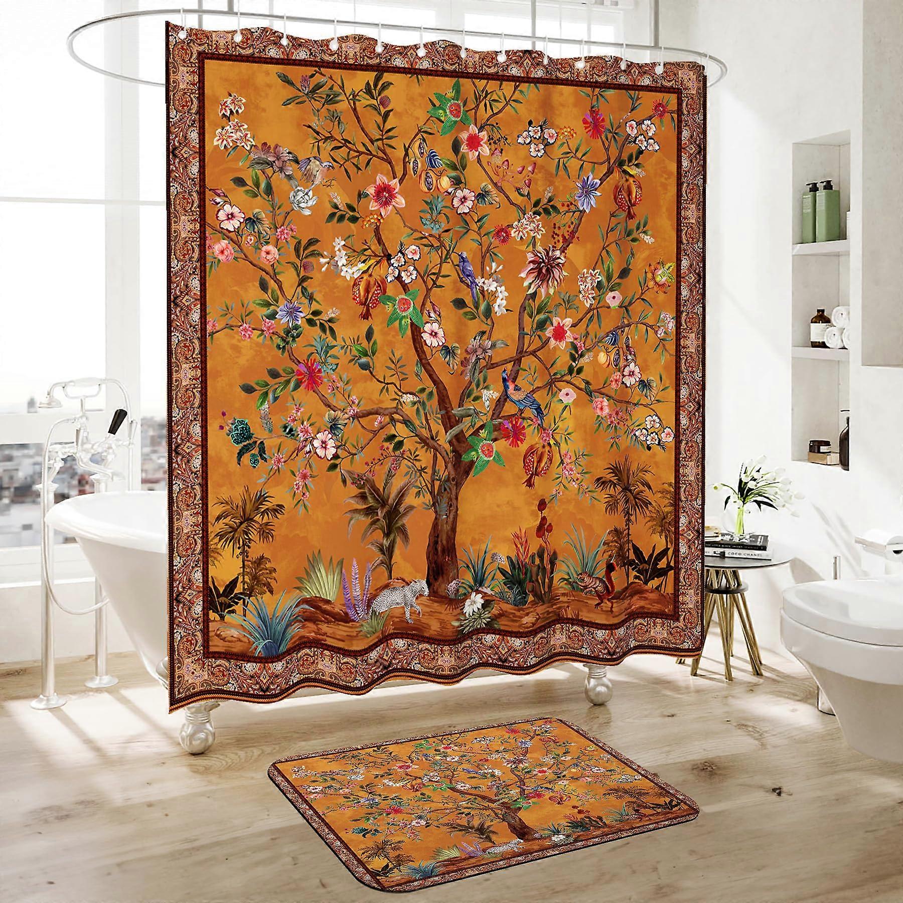 1 Set Colorful Boho Floral Print Fabric Shower Curtain Set for Bathroom 72' x 72'