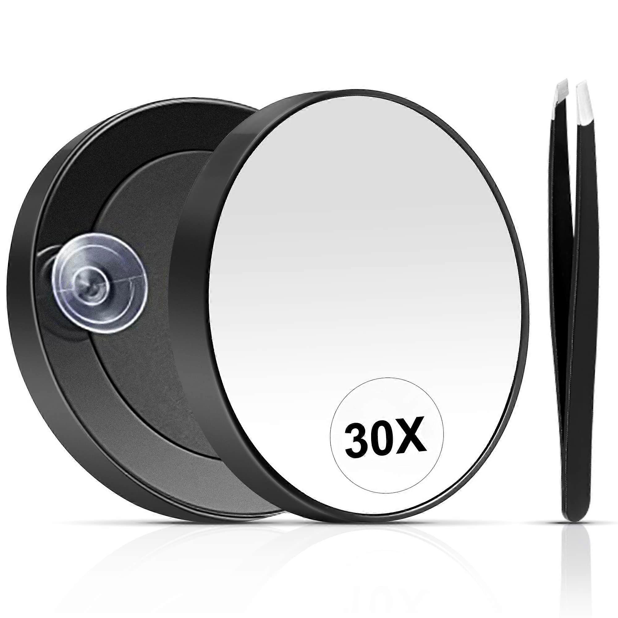 30X Travel Magnifying Mirror with Suction Cup and Eyebrow Tweezers Compact Small Magnifying Mirror Set for Personal and Travel Use