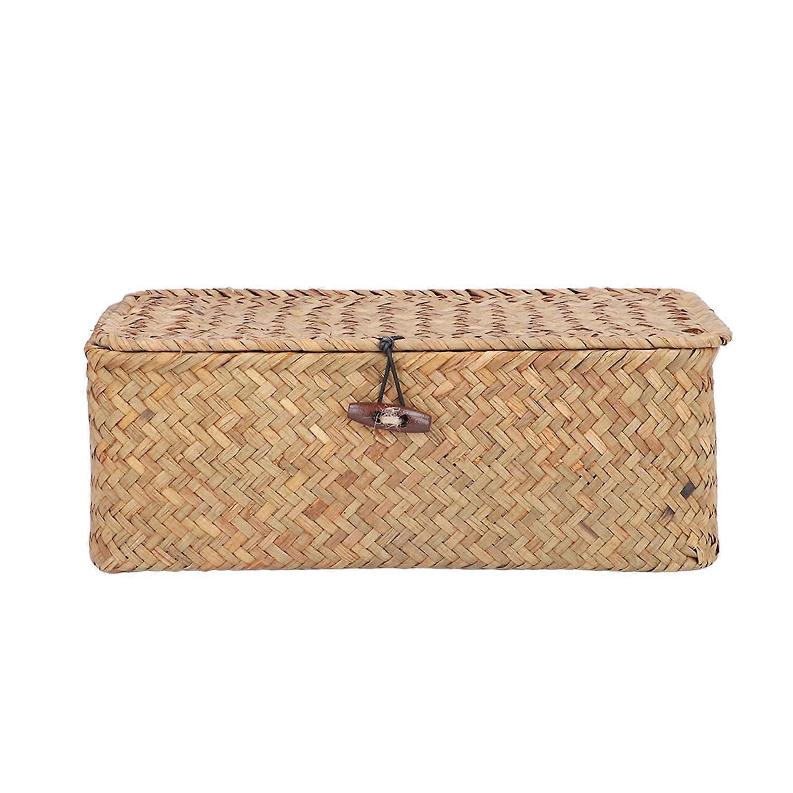 Denizoti Rectangular Rattan Storage Baskets with Lids, Sea Moss Color, Medium Size Shelf Organizers