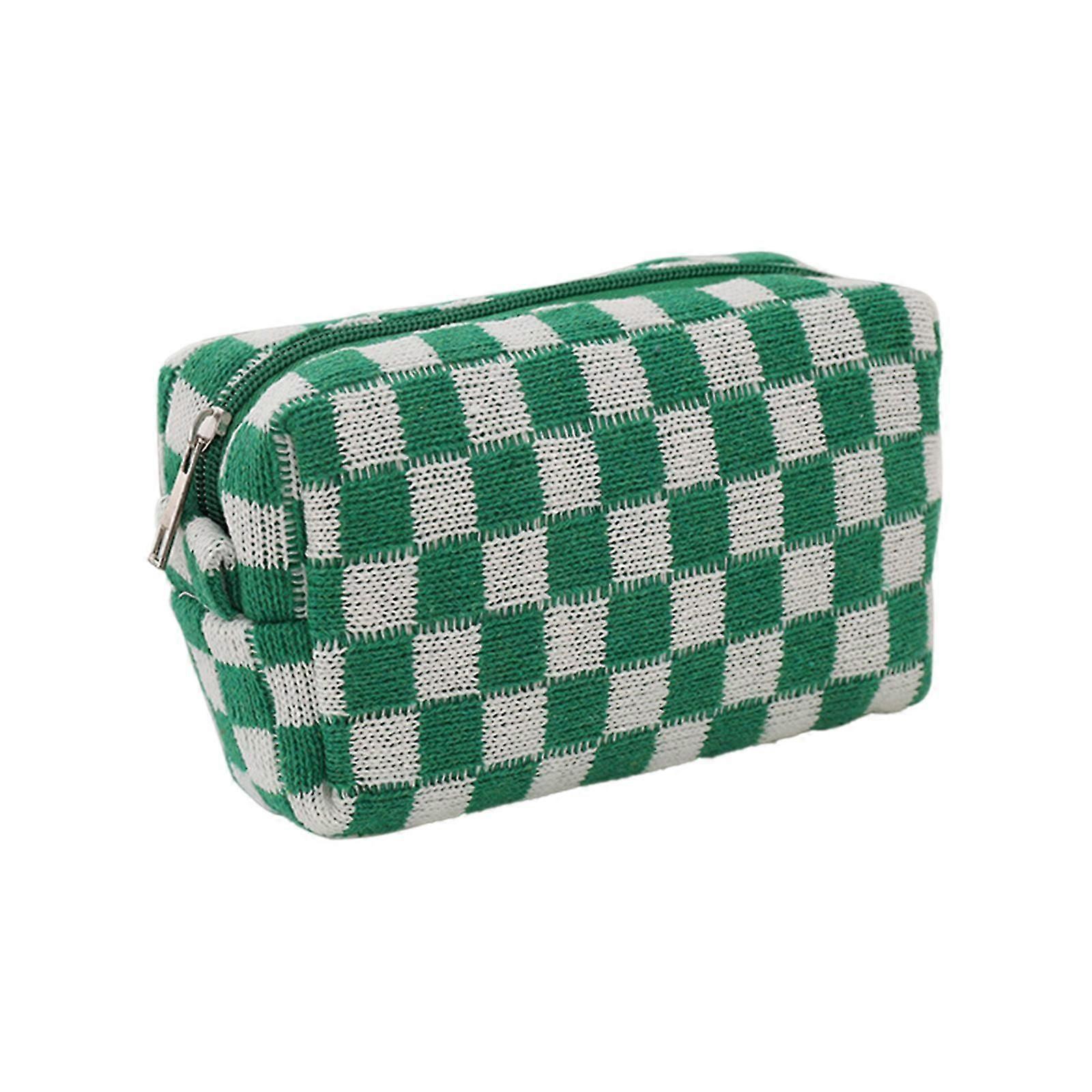 Borsa cosmetica a scacchi a maglia che si scontra con lana a scacchi Borsa di archiviazione di grande capacità Custodia per matite Verde e bianco