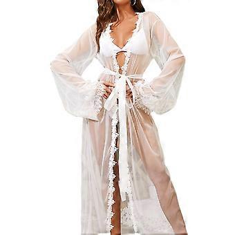 Durchsichtiger Bademantel Spitzenbesatz Brautjungfer Morgenmantel Nachtwäsche Frauen Dessous Bademantel Badeanzug Coverup Strickjacke Weiß XL