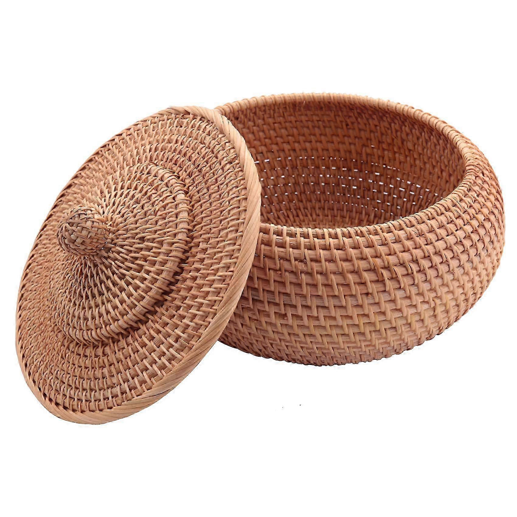 Scatola rotonda in rattan con coperchio, cesto di frutta e pane in vimini, portasnack