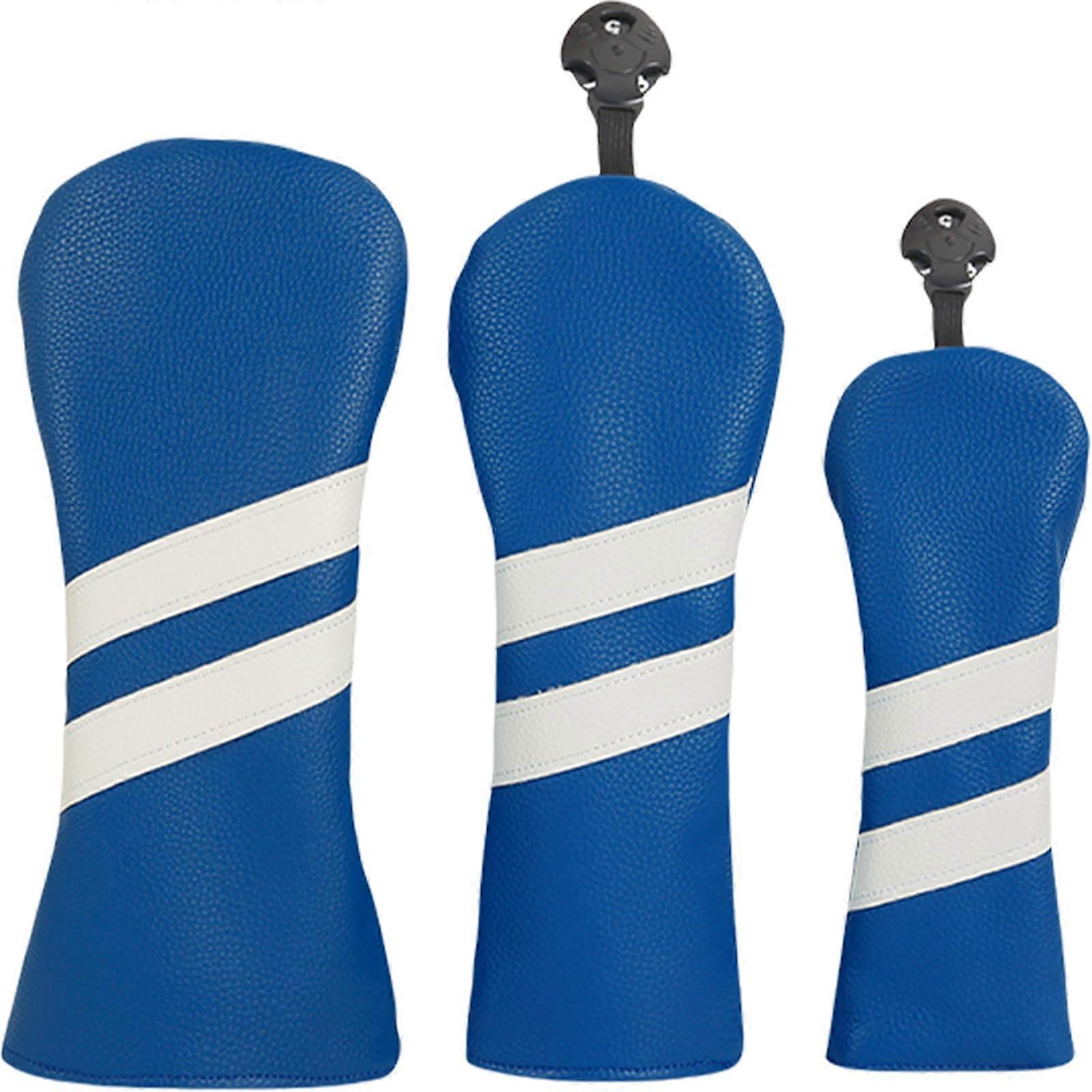 Golf Club Headcovers - 3 Pack Stripe Pattern PU Leather for Driver and Fairway Woods - Blue Color