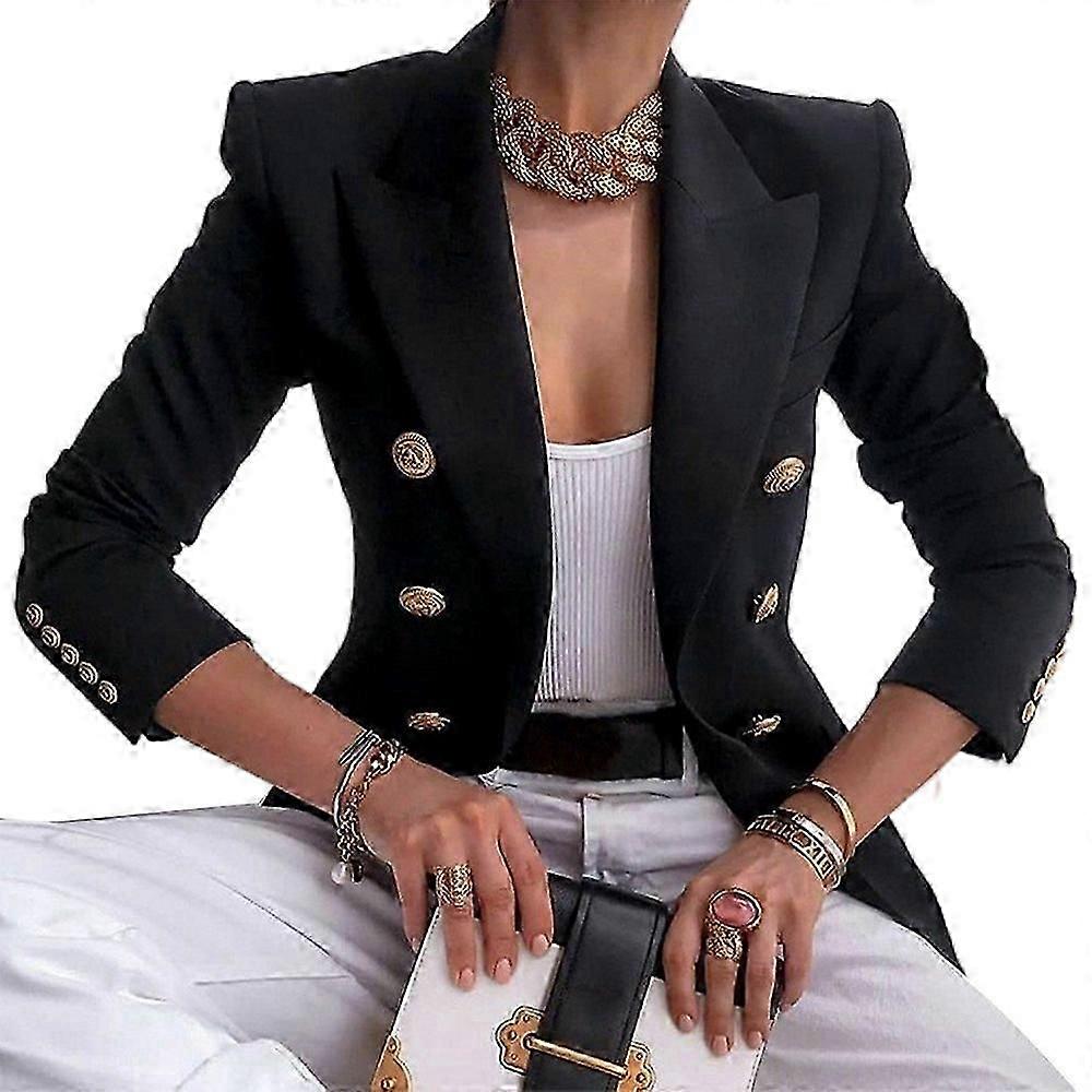 Women's Casual Long Sleeve Lapel Double-Breasted Slim Work Office Blazer Jacket