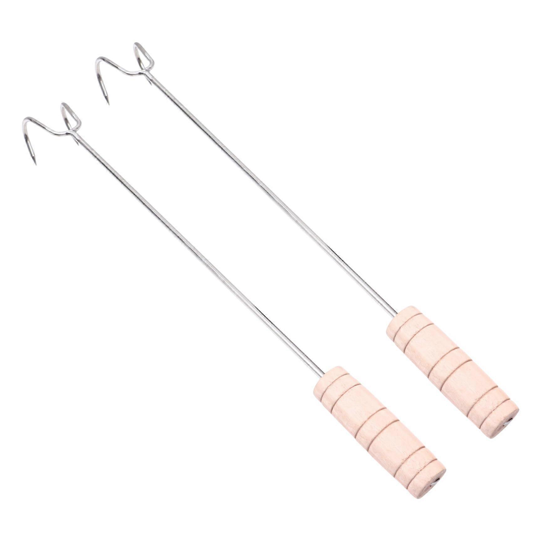 2 meat hooks with wooden handle for grill BBQ high temperature resistant
