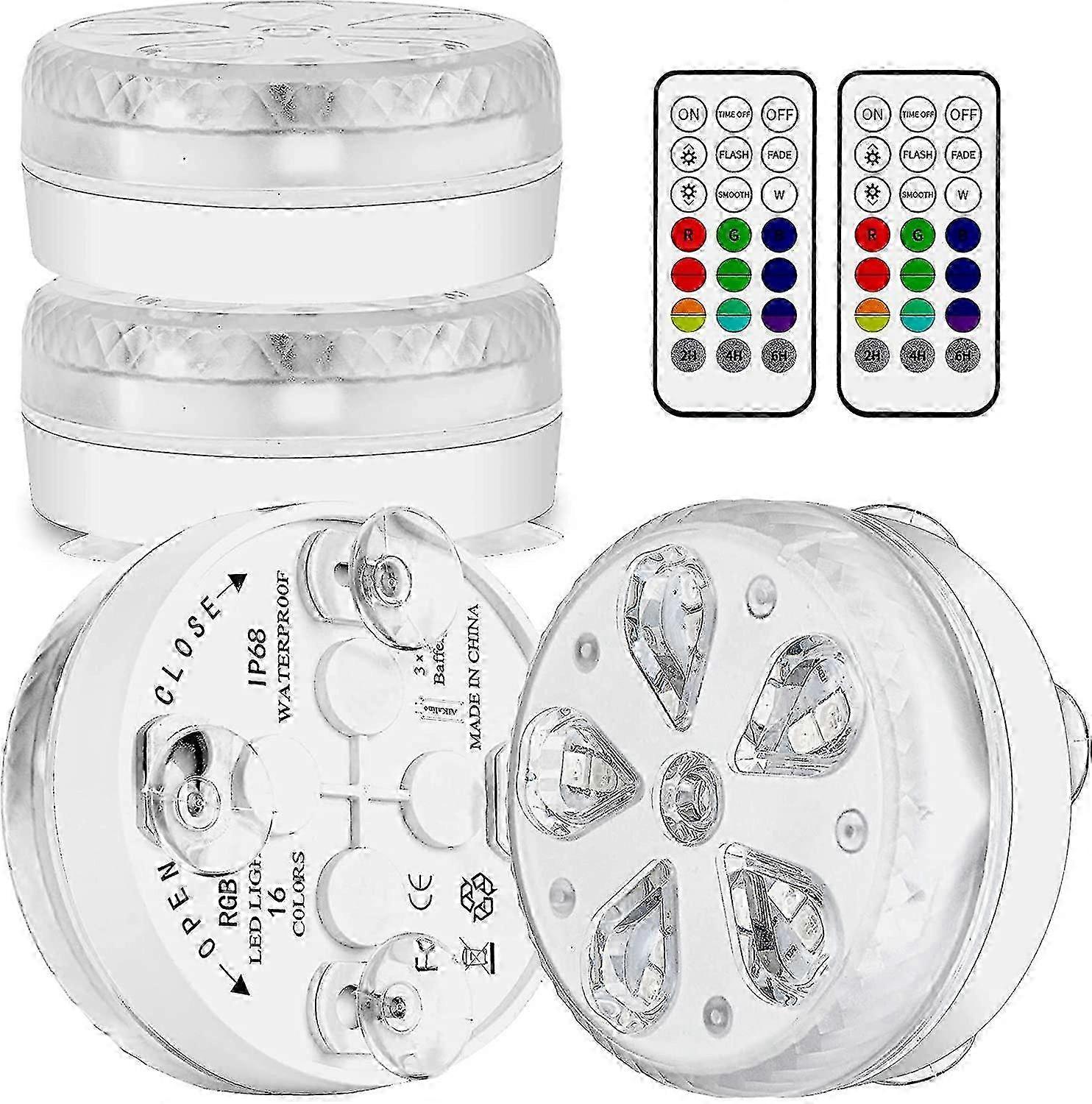 Waterproof Led Submersible Pool Light With Rf Remote, Timer, 16 Leds, Suction Cup And Magnet For Pool, Aquarium, Vase, Party (4)-In stock Edition 0619
