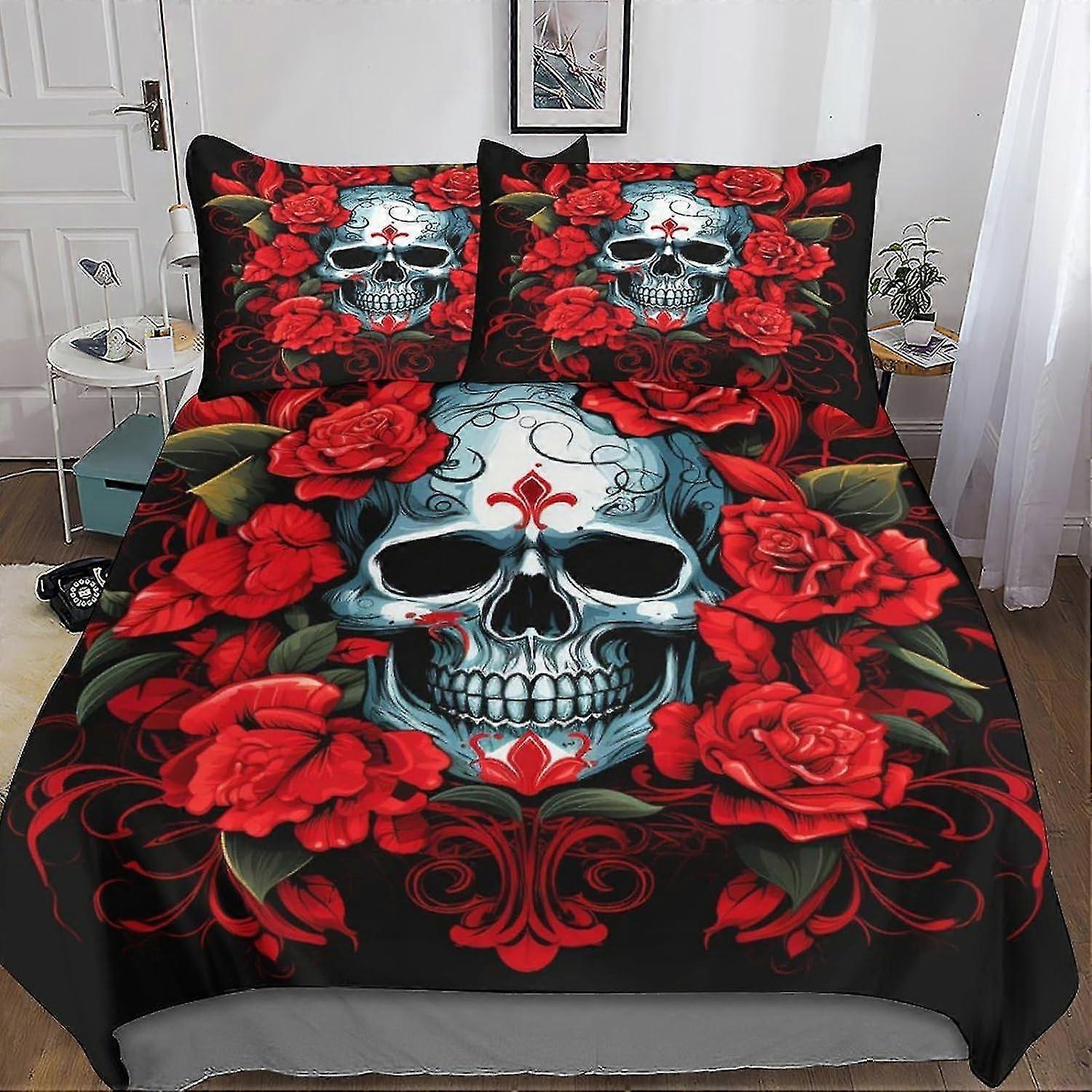 VCLUST Flowers Skull Duvet Cover Bedding Set for Kids and Teens - 3 Piece 3D Bedspread with Zipper Closure