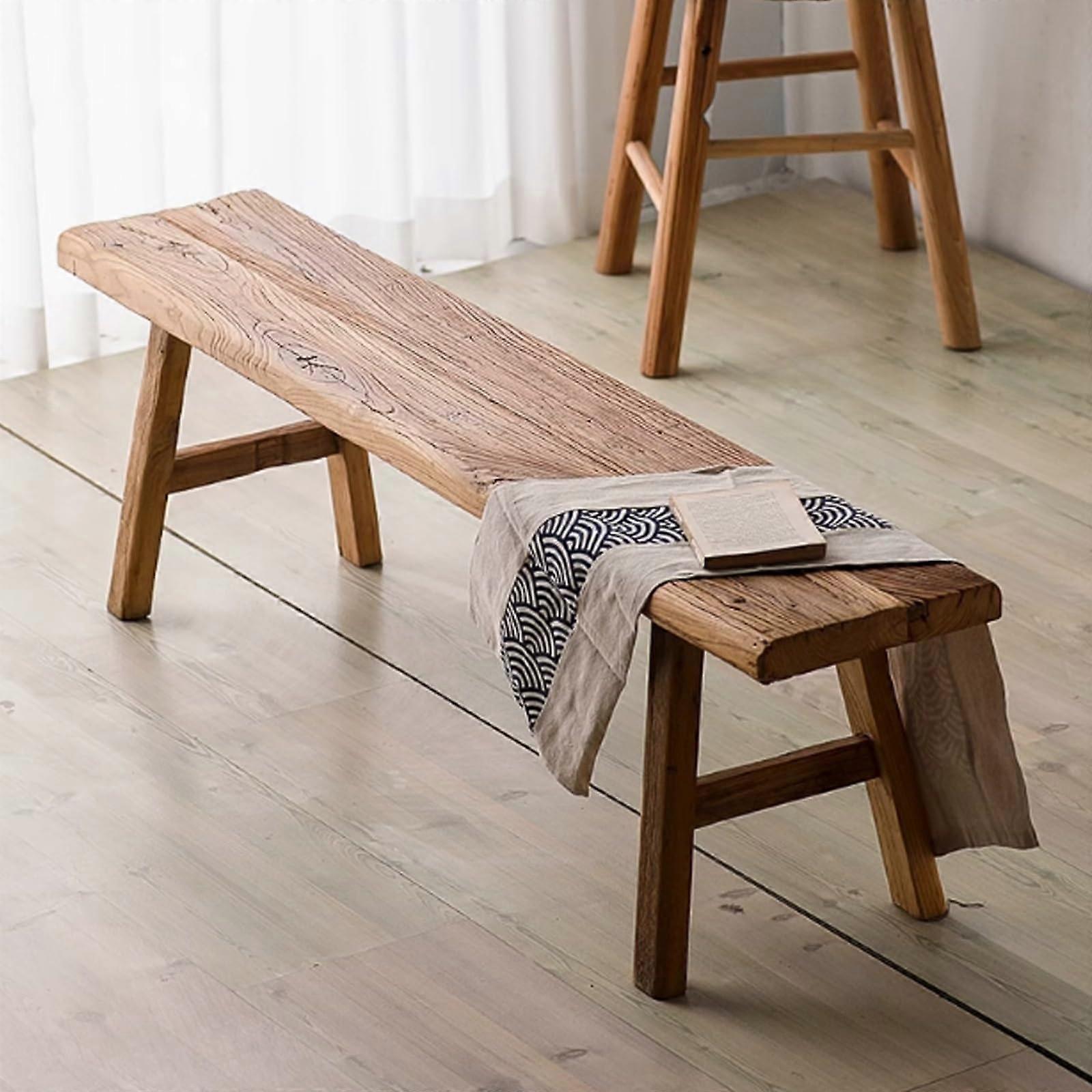 Farmhouse Wooden Bench Indoor Living Room Dining Room Entrance Natural Old Elm Long Bench with Rectangle Stool for Bedroom