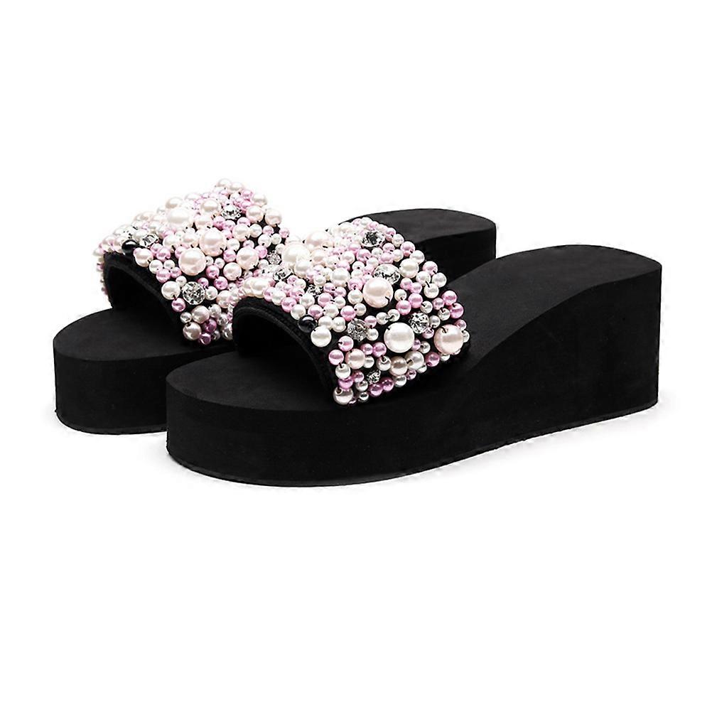 Summer Wedge Slippers for Women – Stylish Pearl Design, Thick Footwear for Beach and Home Use – Black & Pink Options Available