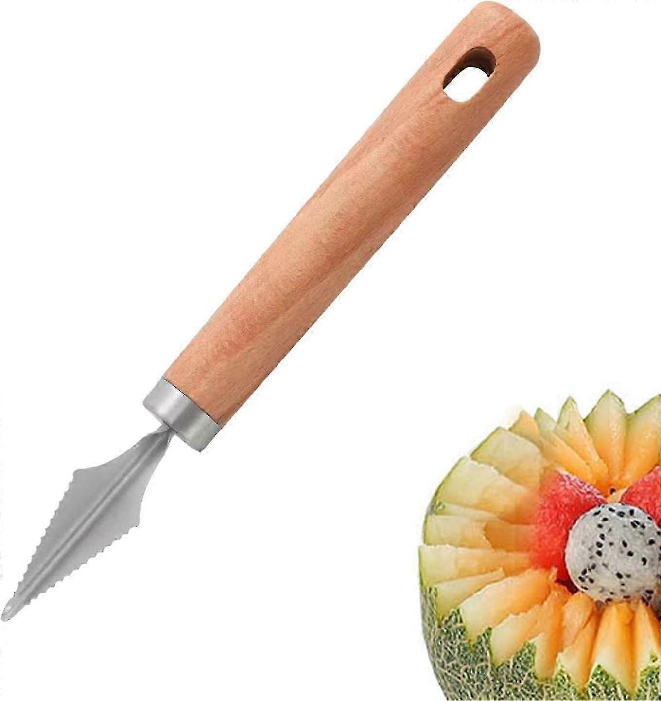 Rezačka melónov, nástroj na rezanie melónov z nehrdzavejúcej ocele - nástroj na vyrezávanie ovocia / rezačka guľôčok melónov, nástroj na ovocie s drevenou rukoväťou