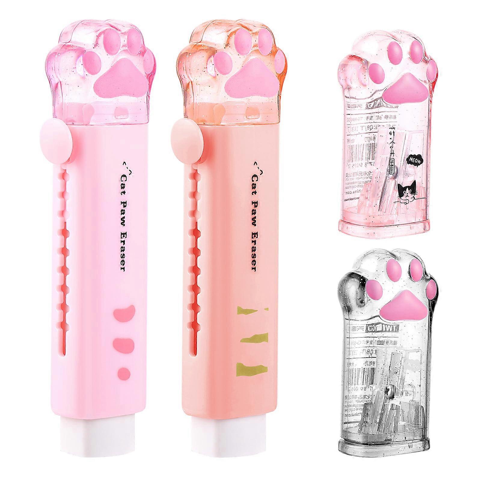 Pack of 4 Cute Cat Paw Kawaii Erasers with Retractable Tips and Manual Double Sharpener for School and Office Use