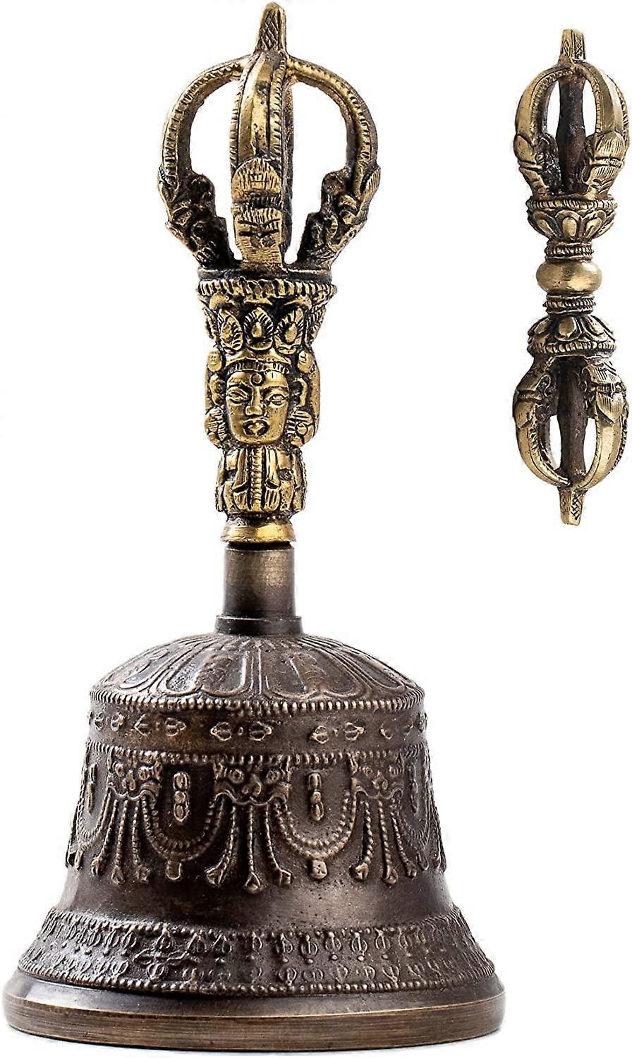 Tibetan Dharma Object Bell and Bajra Set Old Pray Singing Bowl, Hand Bell, Handmade Buddhist Meditation Bell (14 x 7.3 cm) Large Bell