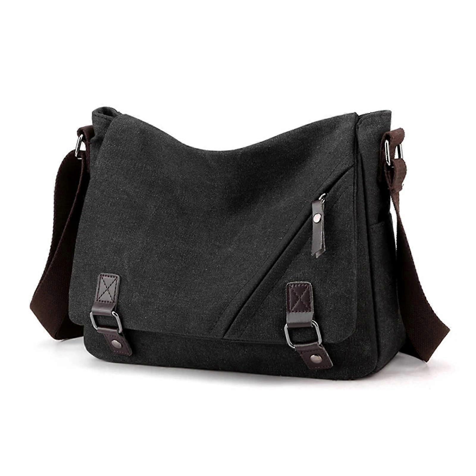 Men's Canvas Messenger Bag Zip Closure, Cotton Canvas, Travel and Everyday Use, Black Shoulder Briefcase for Work and School
