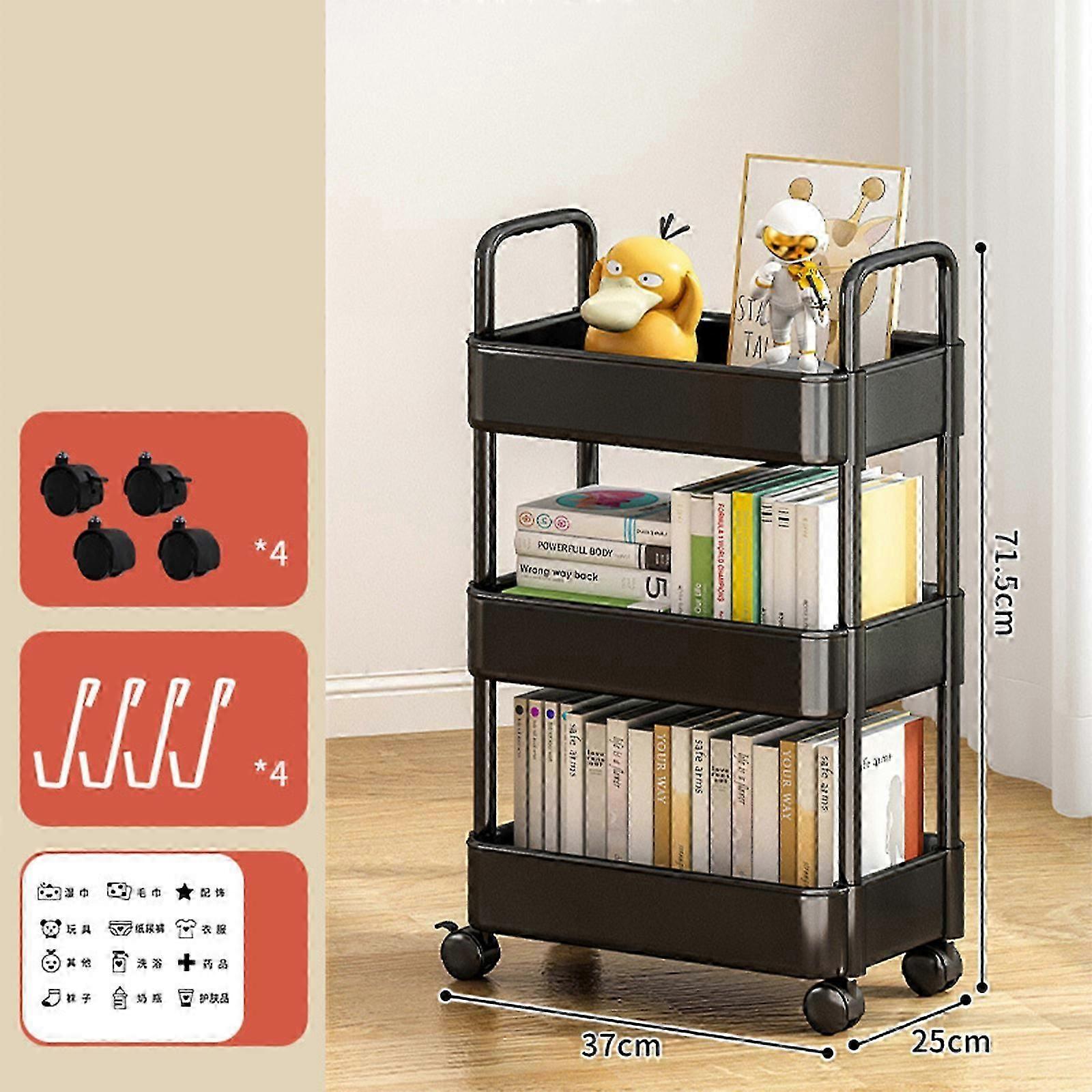 Auxiliary Cart With Wheels, 2/3 Tier Storage Shelves With Hooks, Rolling Storage Cart, Rolling Shelf Mobile Storage Organizer, Book Organizer