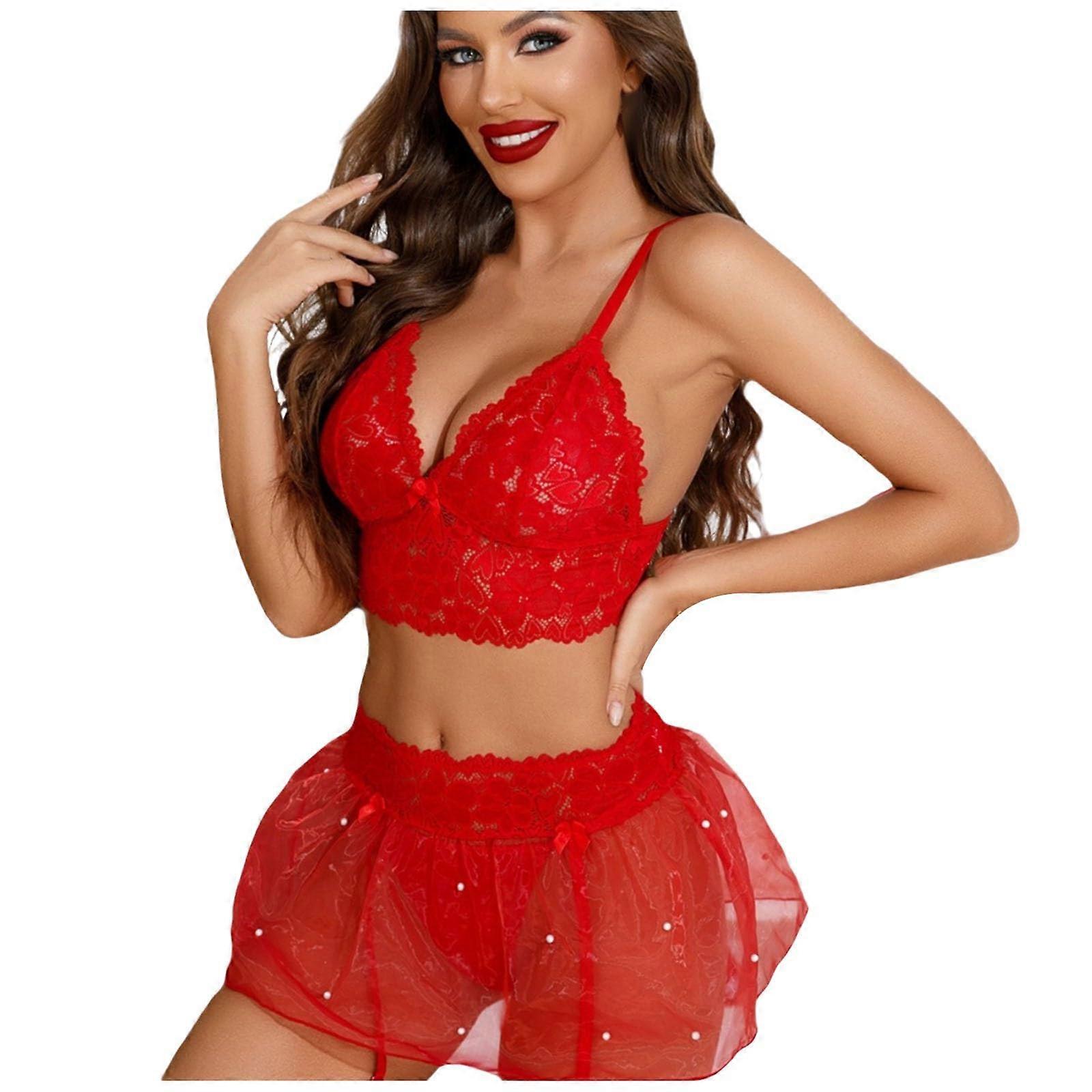 Damen Netzstoff Set Mesh Fabric Christmas Lingerie Three Piece Red Size M