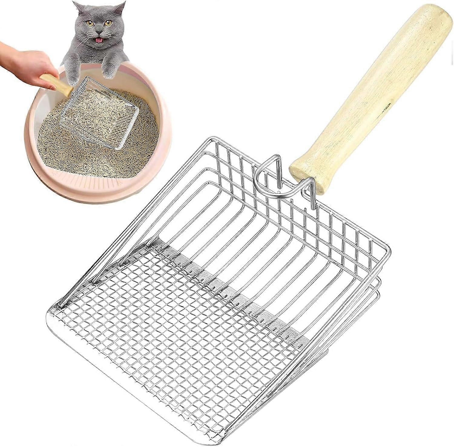 Metal Cat Litter Scoop With Sieve And Holder Wooden-Handle Extra-Deep For Easy Cleaning Cat Litter Sand And Pet Waste