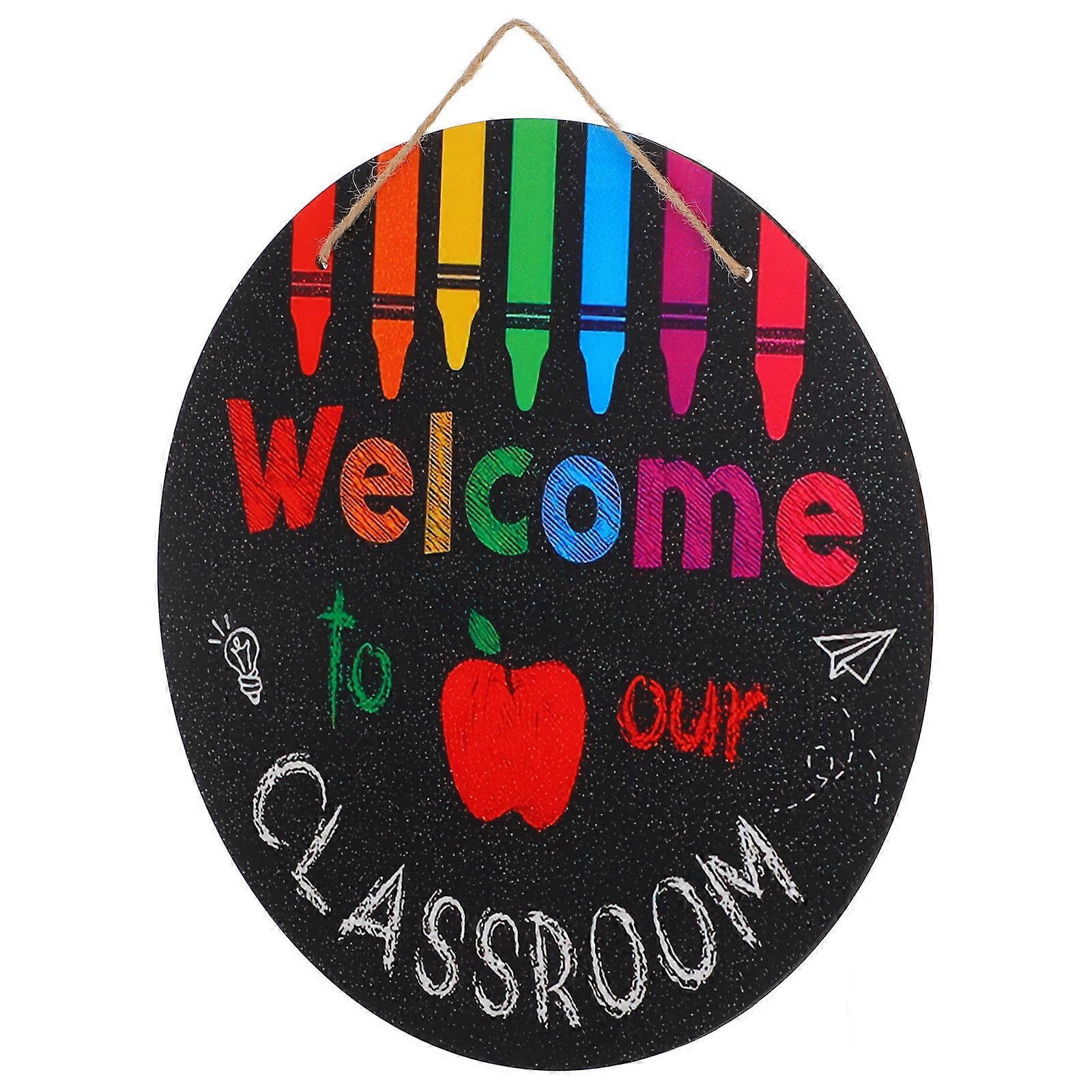 Back to School Welcome Sign with Crayons and Apples for Classroom Door Hanger Decor Made of Wood Black 6.5 Inches