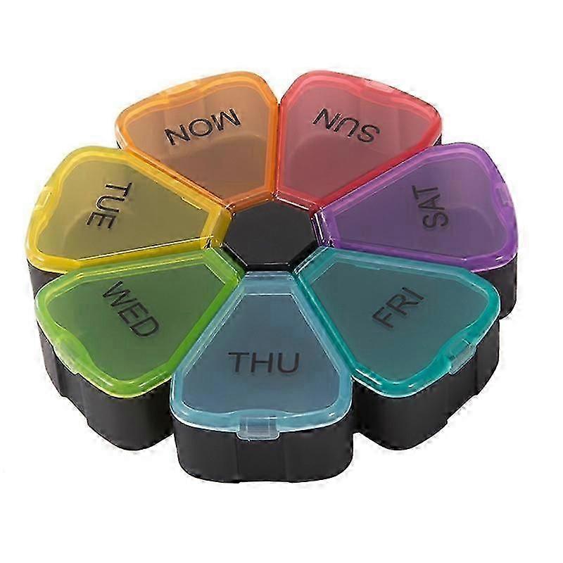Round pill organizer for weekly medicine planner with 7 compartments