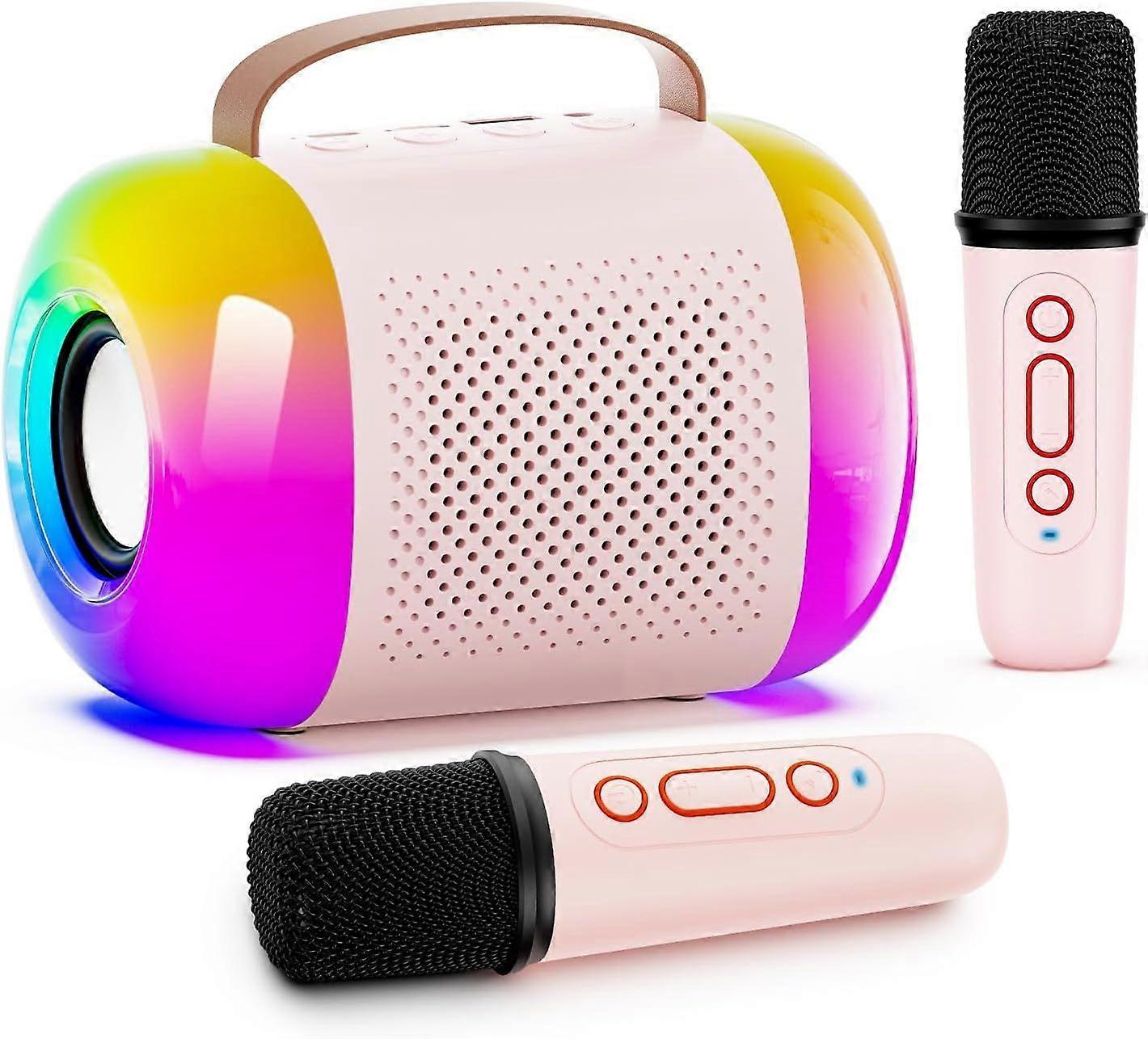 Mini Karaoke Machine for Kids and Adults, Portable Bluetooth Speaker with 2 Wireless Microphones and LED Color Lights(pink)