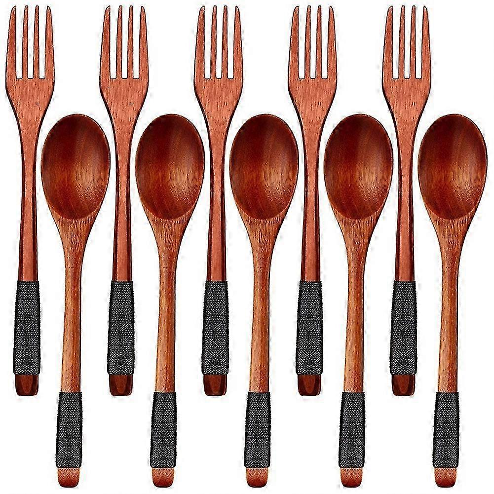 Wooden Utensils Set - Japanese Style Spoons and Forks (Black Cords, 10 Piece Set)