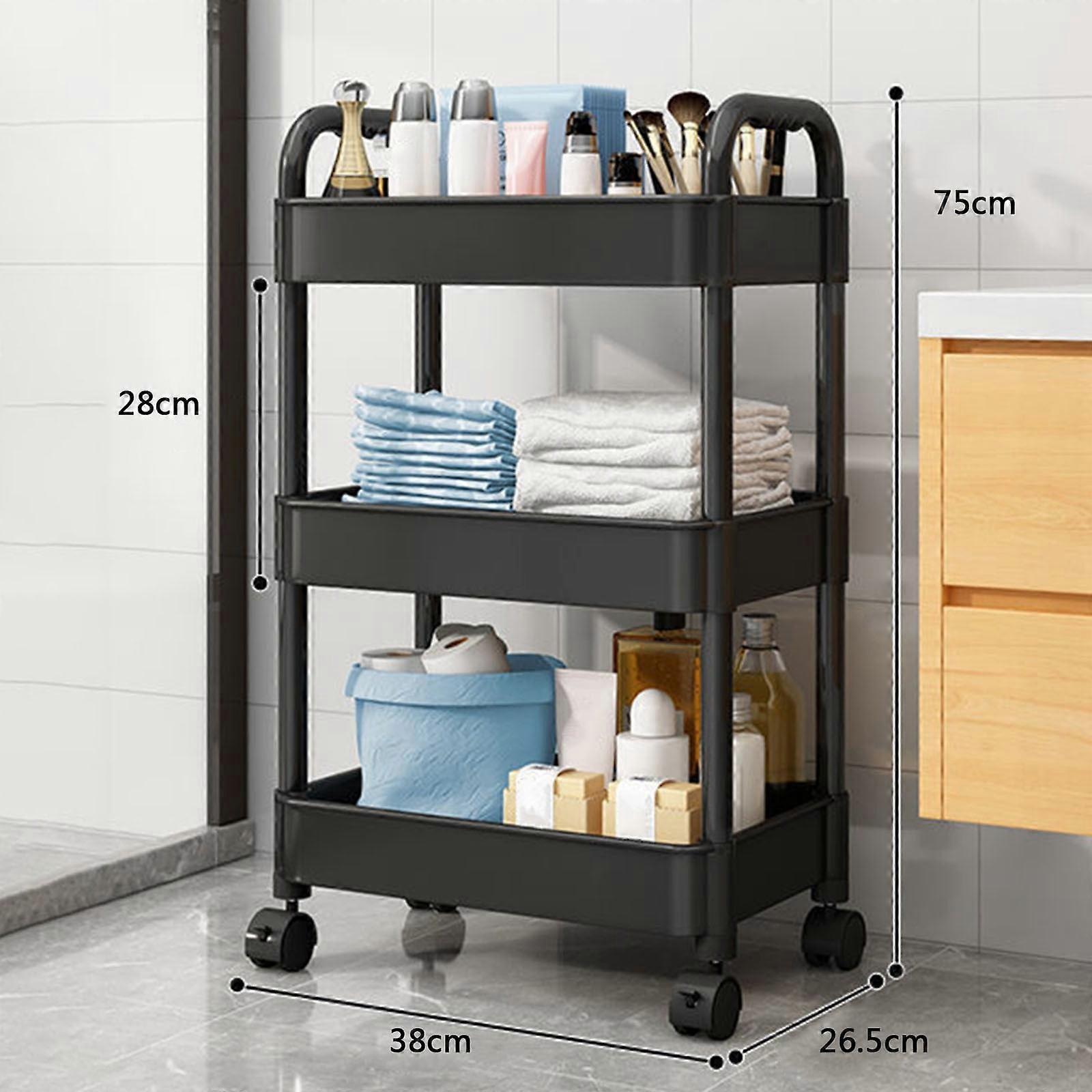 3 Tier Rolling Cart with Lockable Wheels, Metal Storage Trolley with Mesh Baskets for Kitchen, Office, Garage, Easy Assembly