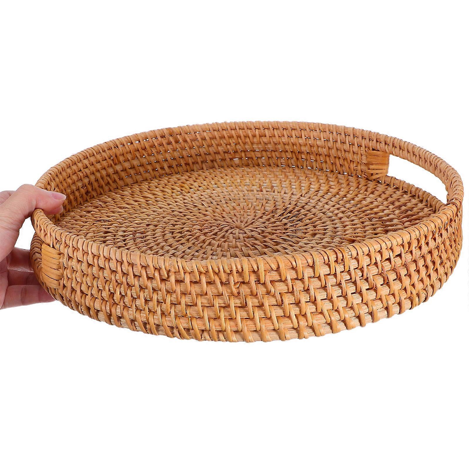 Woven Rattan Serving Tray Light Brow with Hollow Handles for Home Use