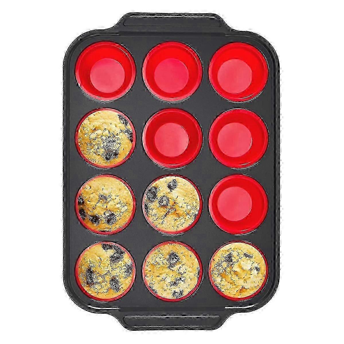Silicone Muffin Pan With Metal Frame, Egg Bite Maker Silicone Molds For Baking, Cupcake Pans 12 Regular Size Red