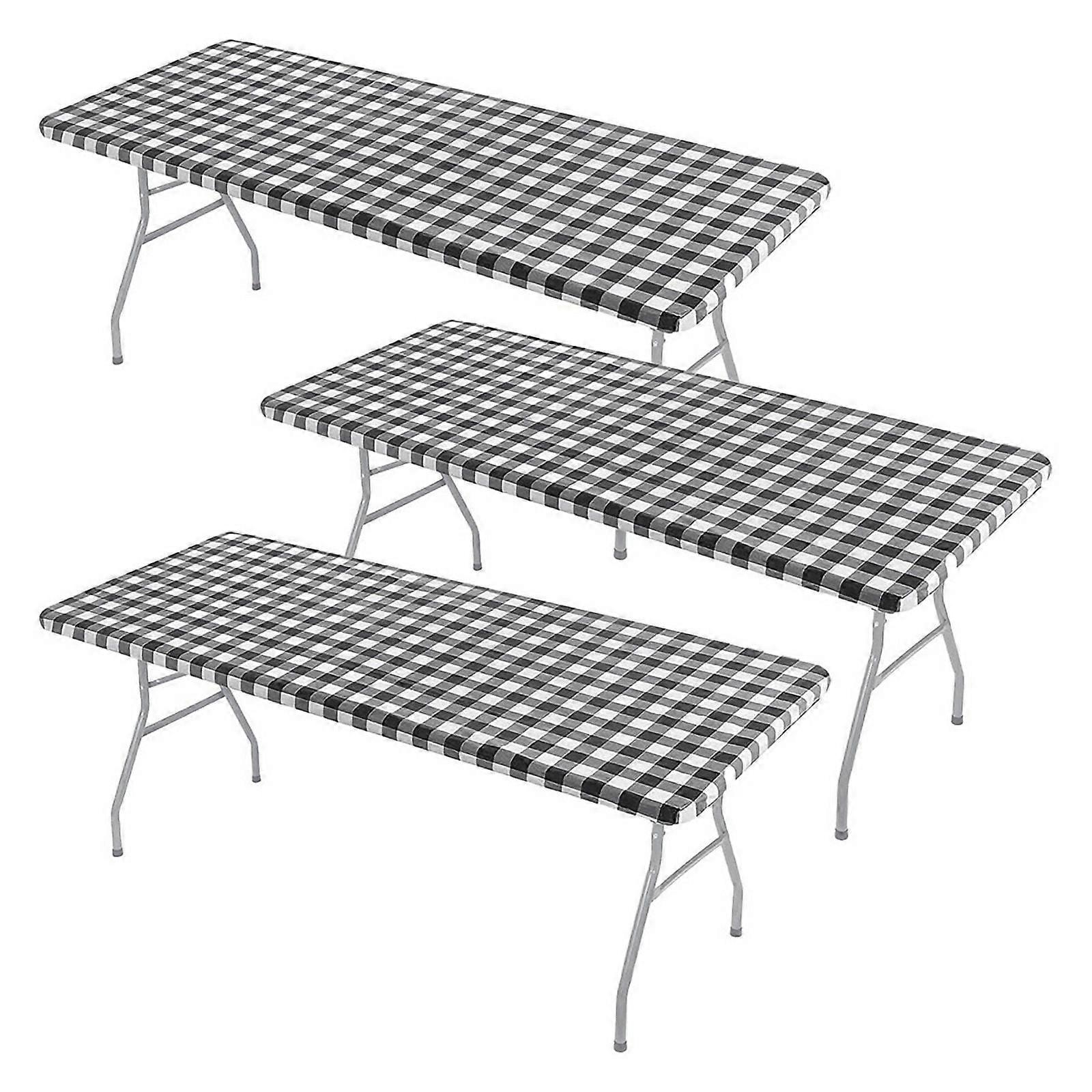 3 Pcs Fitted Tablecloth for Table,Stretch Waterproof Elastic Vinyl Picnic Table Cover with Flannel Backed Lining(Black)