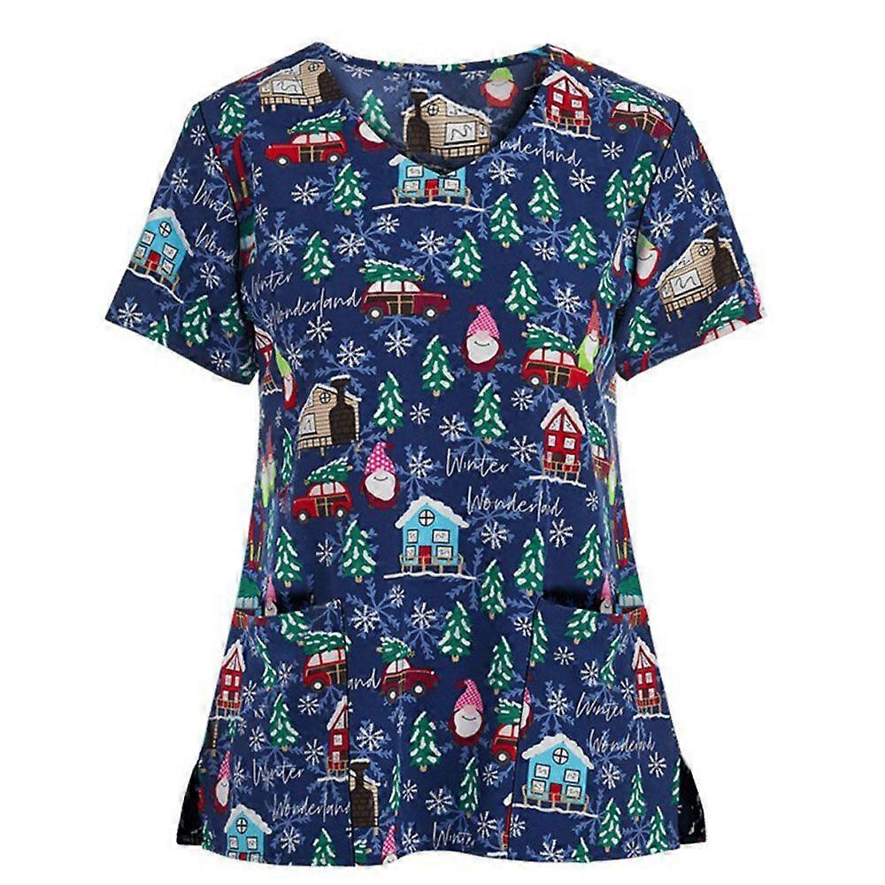 2021 Women Medical Scrubs Top Christmas Blouse Work Uniform Animal Print V Neck