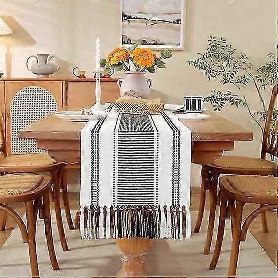 Bohemian Cotton and Linen Table Runner with Tassels - 35x183cm Simple Thick Checked Woven Tablecloth - Everyday Tablecloth - Soft and Durable - Washa