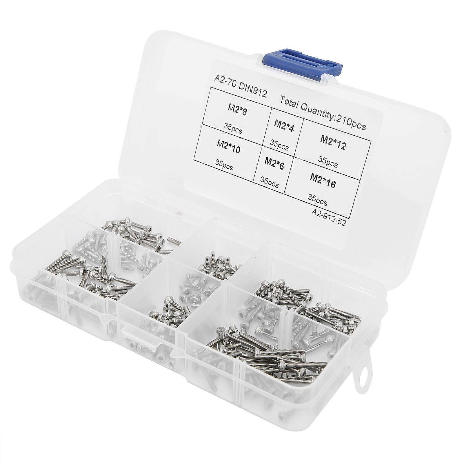 210Pcs Hex Socket Cap Head Screw 304 Stainless Steel Hardware Accessories Boxed Set M2