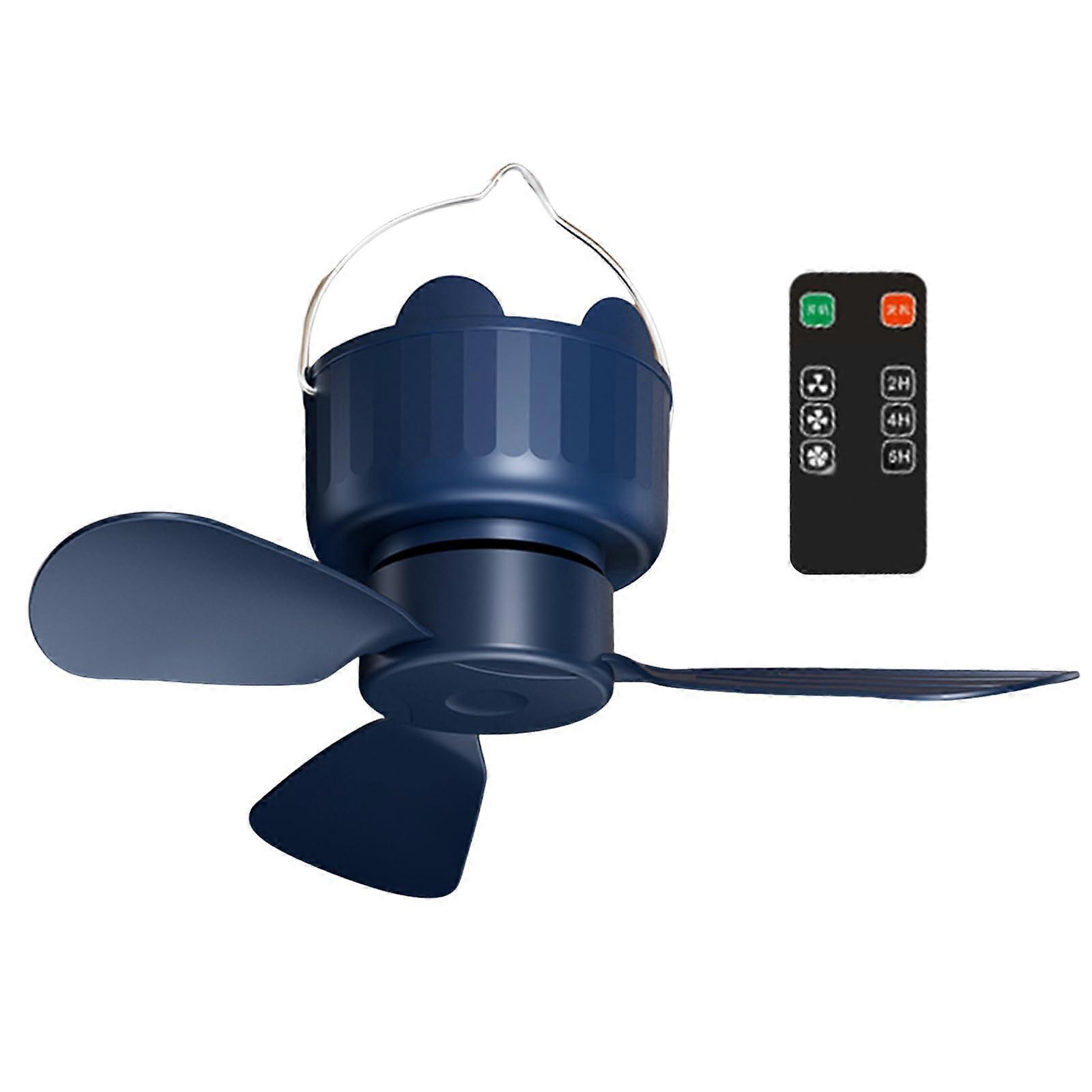 Quiet Brushless Motor Ceiling Fan Remote Control 30/45/60 Min Timer 3Speed USB Powered Camping Hanging Fan Blue