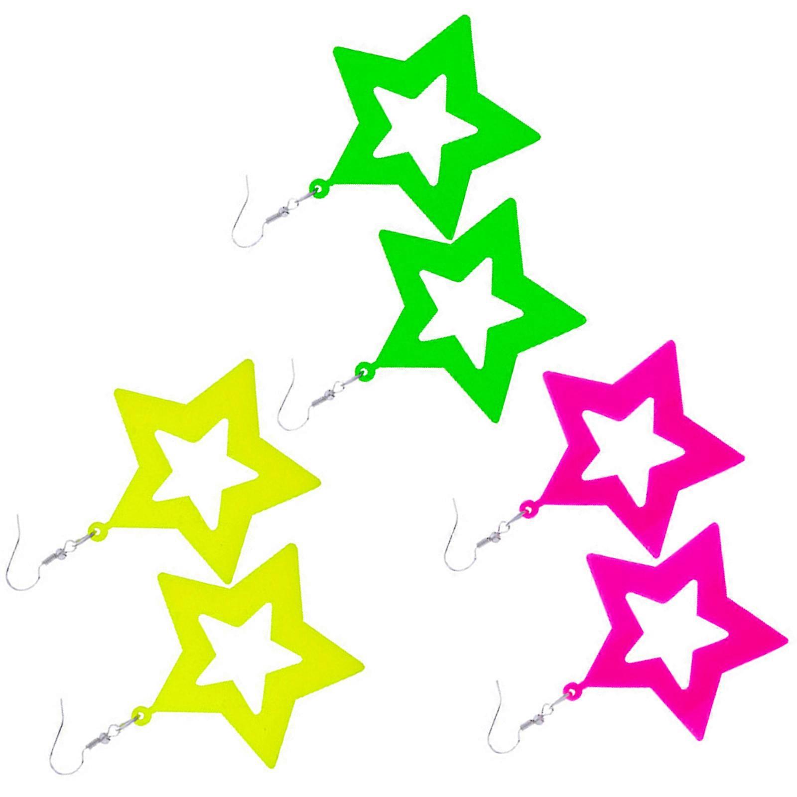 Brave Fluorescent Star Drop Earrings Set of 3 Twosomes Soft handling Dark Acrylic Statement Divisions for Theme Parties Multicolor