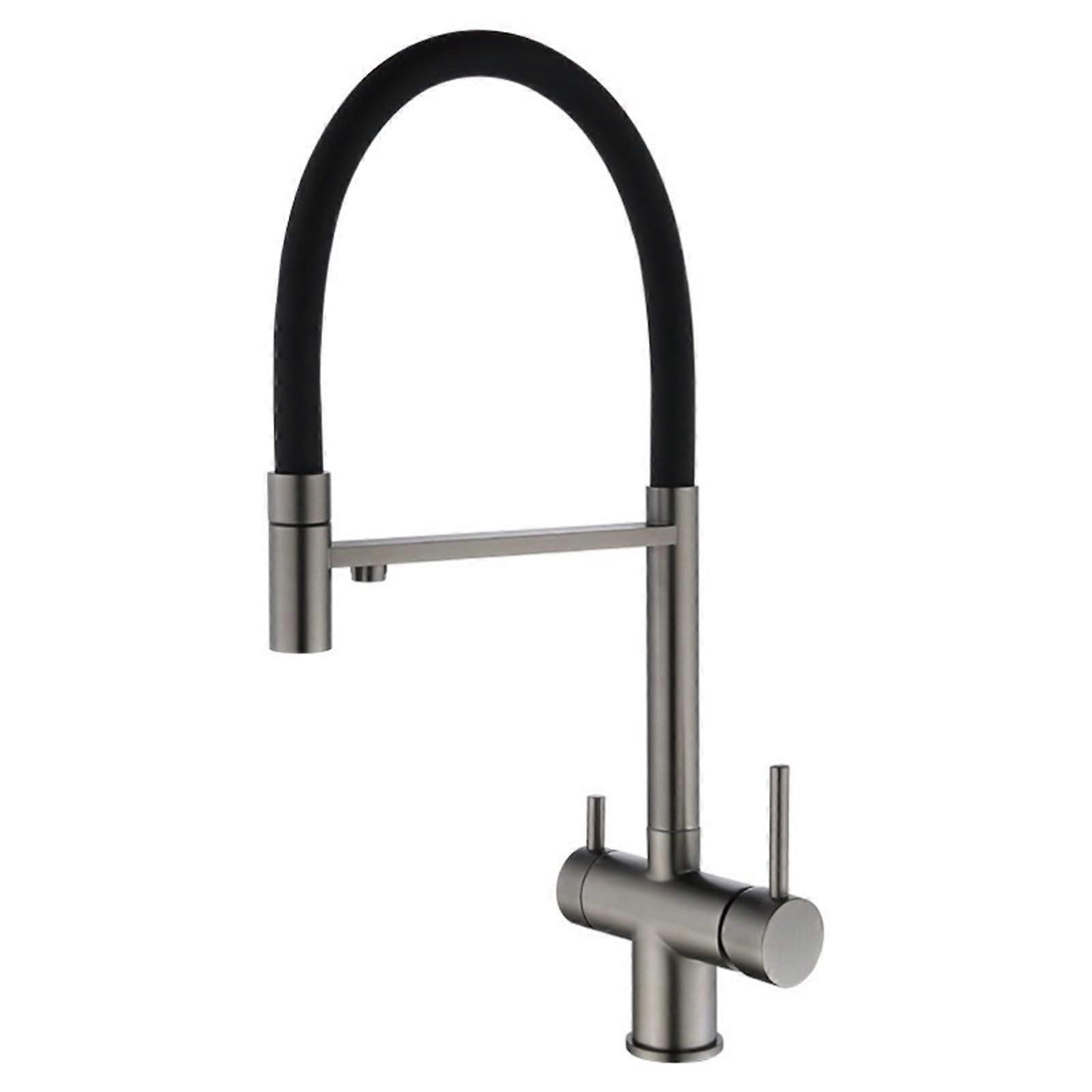 Kitchen Mixer Tap with Pull Out Spray and Drinking Water Faucet, Dual Handle Gray Sink Mixer with Double Outlet Filter for Easy Cleaning